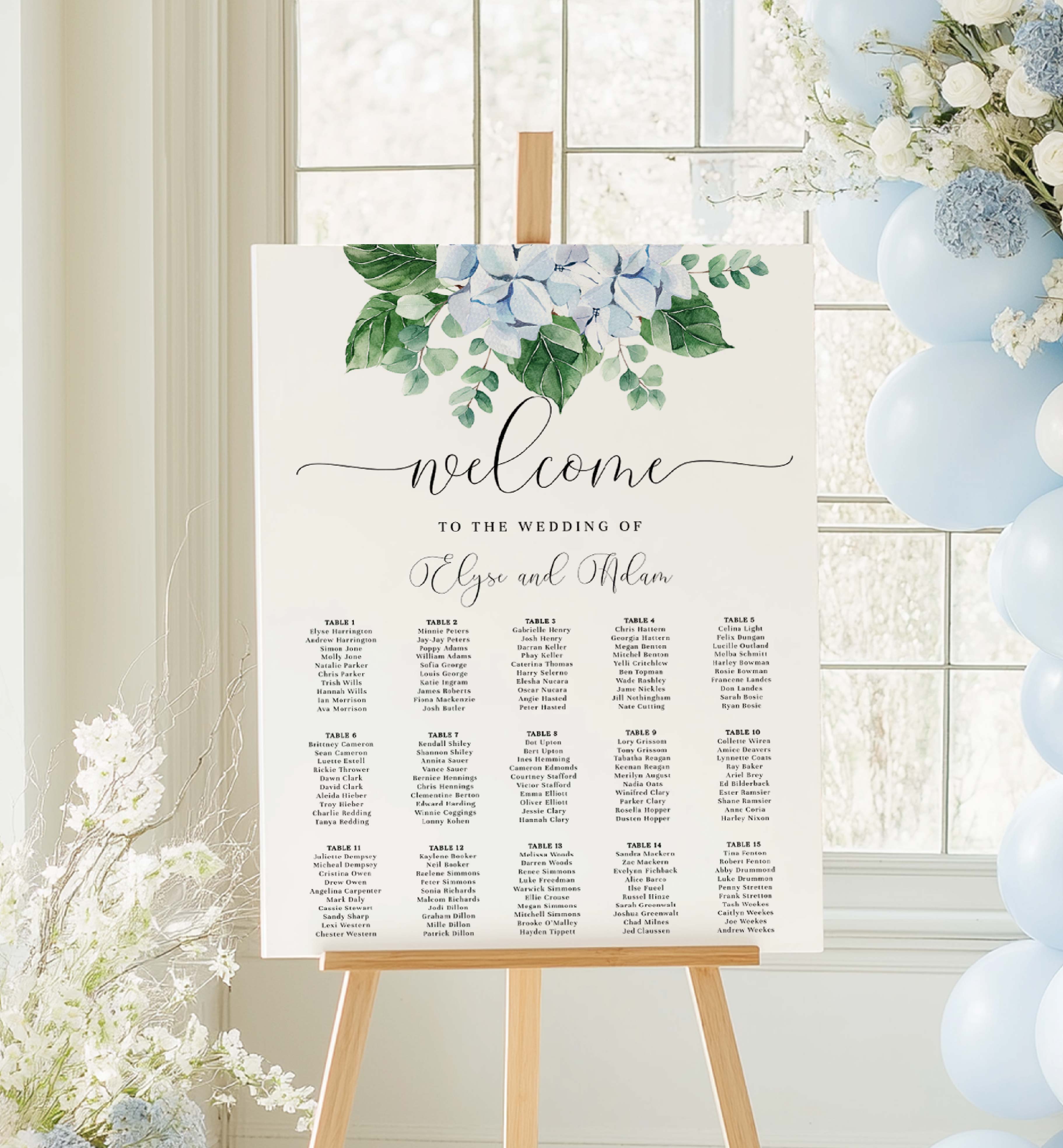 FER-BLU-4-B1425 - FERRAS BLOSSOM - BLUE - PORTRAIT SEATING CHART design preview