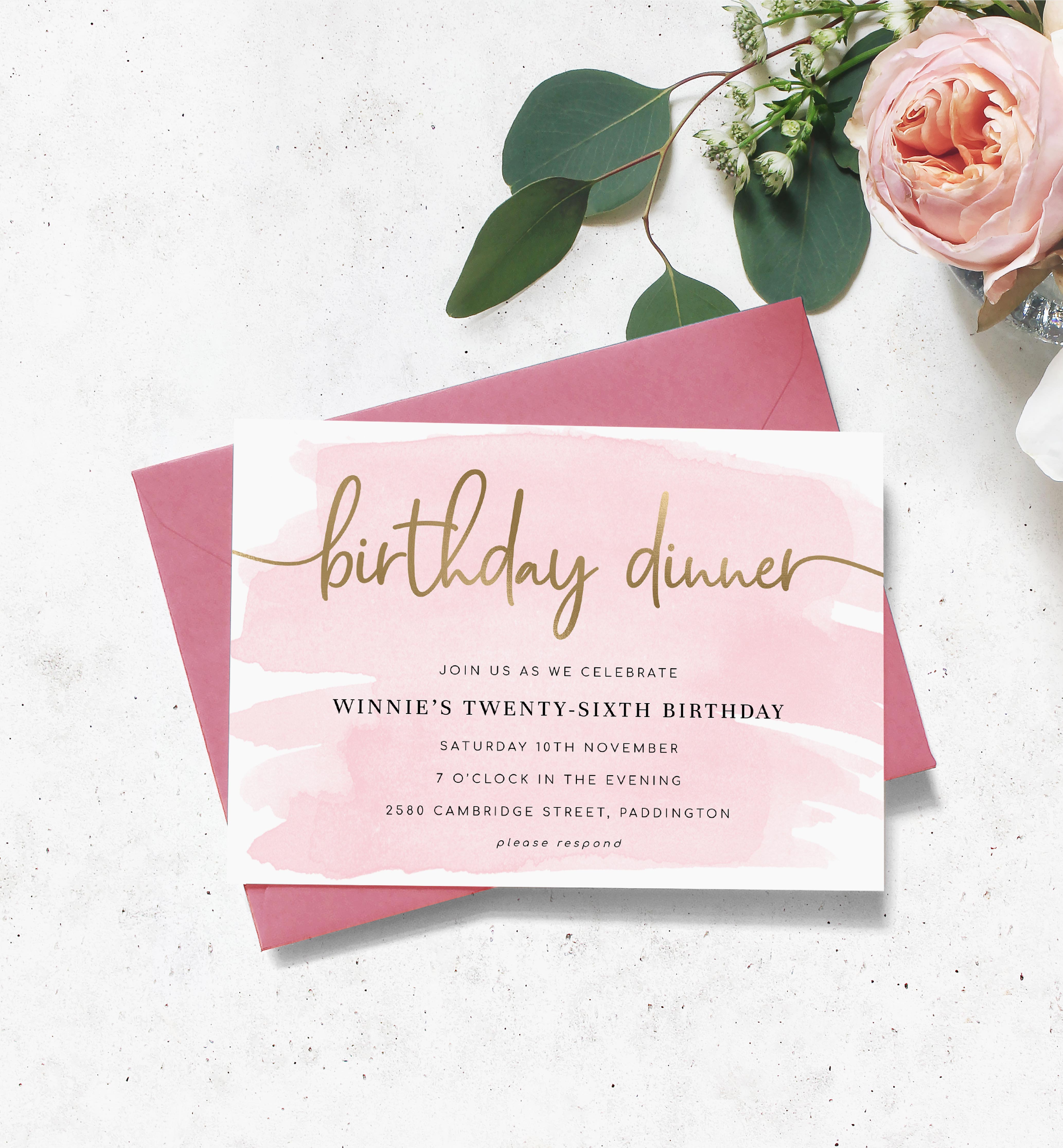 WAT-PNK-1-B117 - WATERCOLOUR PINK - GOLD- BIRTHDAY DINNER INVITATION design preview