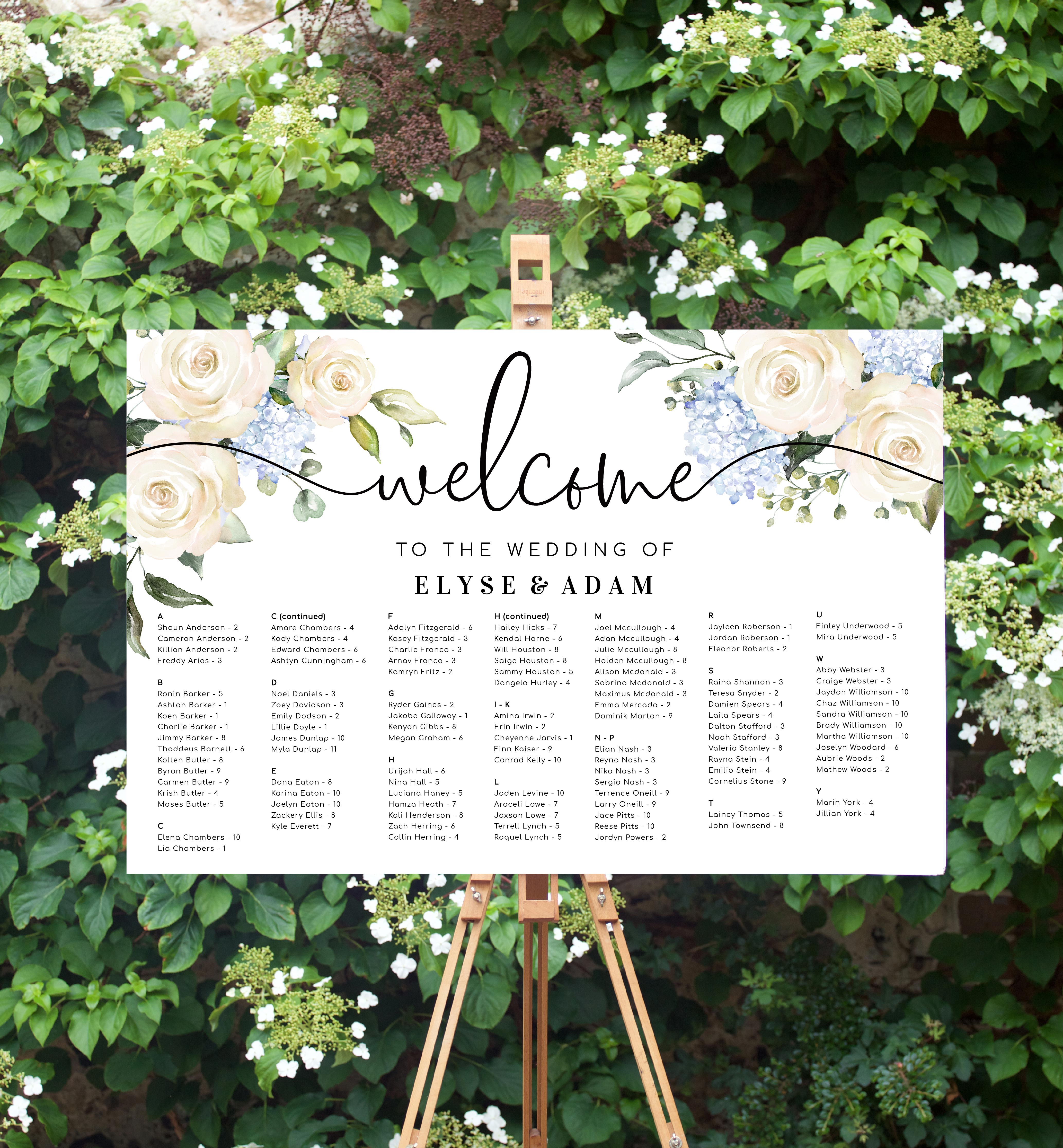 DAR-WHT-4-B2073 - DARCY FLORAL - WHITE - SEATING CHART - ALPHABETICAL design preview