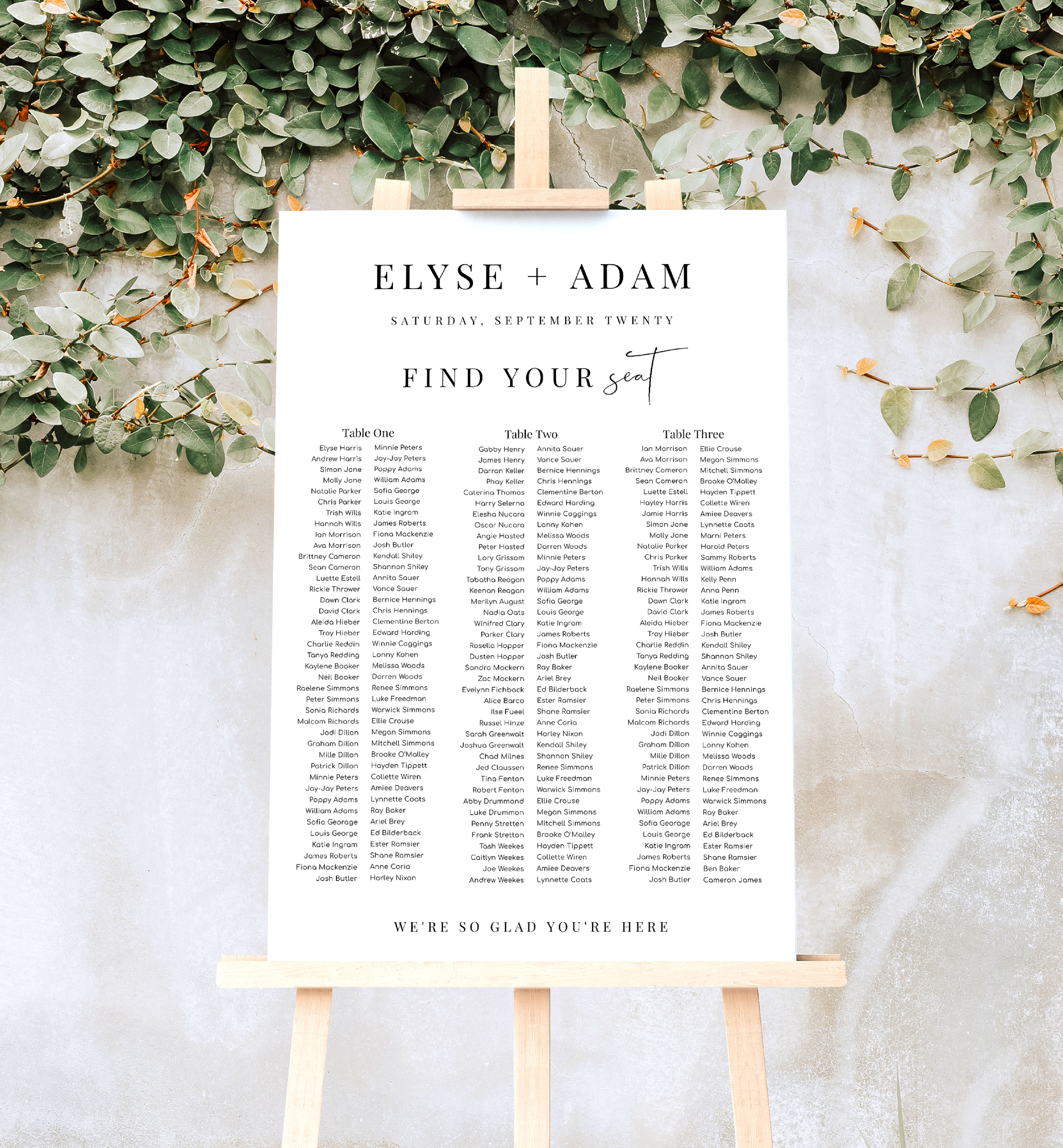 EST-WHT-4-B2368 - ESTELLE - WHITE - SEATING CHART - 3 BANQUET TABLES design preview