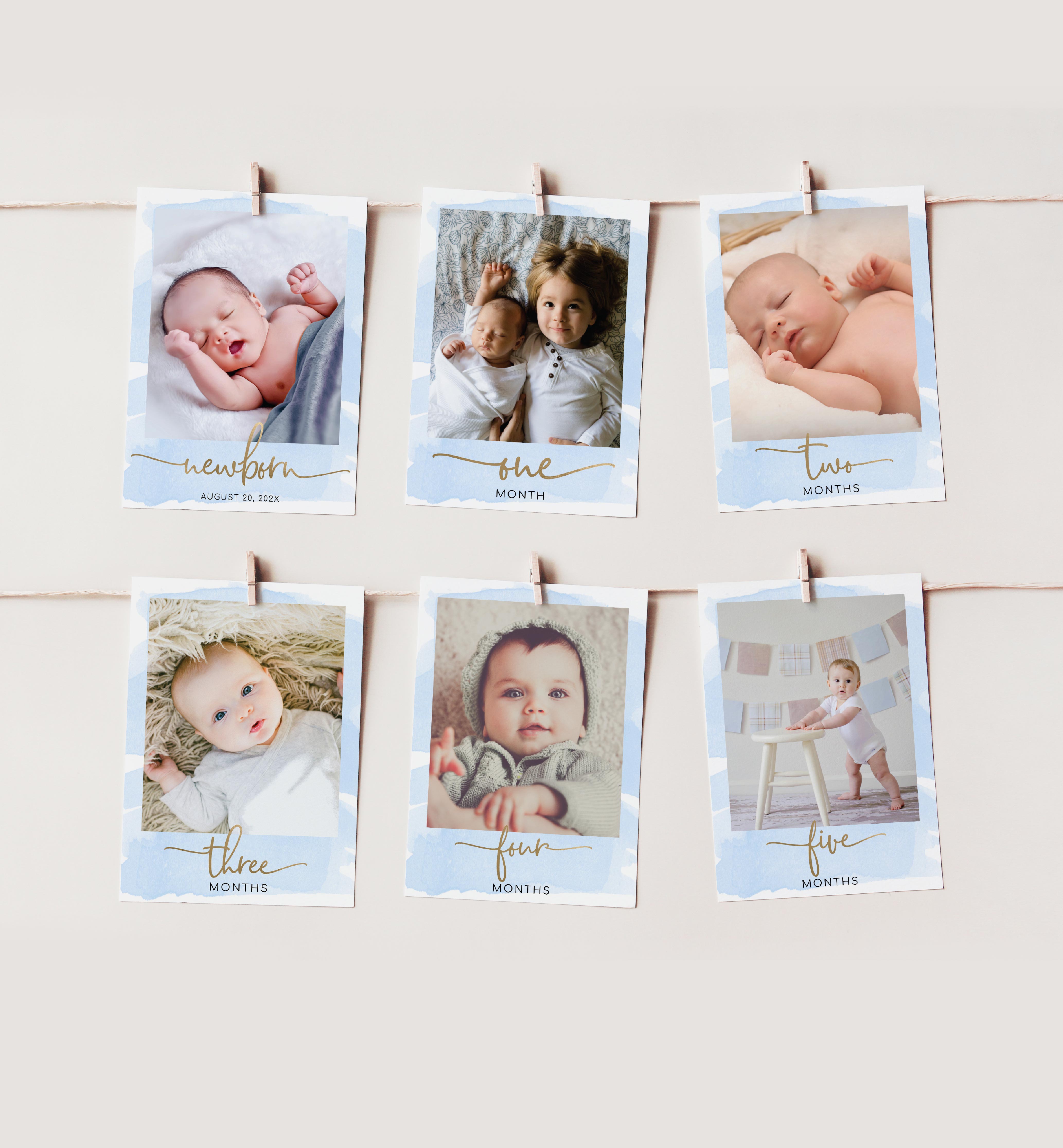WAT-BLU-7-B2373 - WATERCOLOUR BLUE - GOLD - PHOTO TIMELINE BANNER CARDS design preview