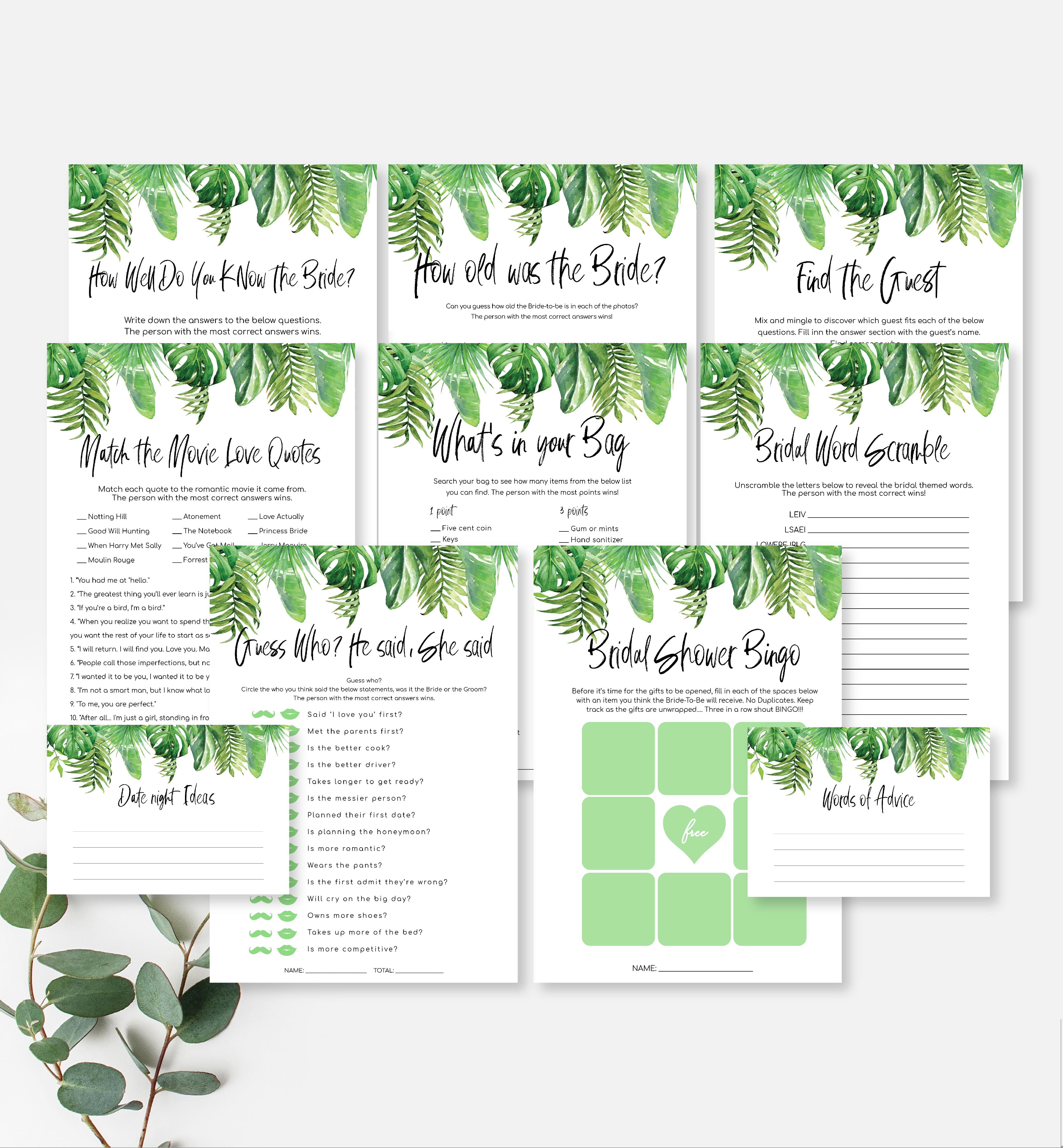NAN-GRE-10-B1045 - NANTUCKET PALM - GREEN - BRIDAL SHOWER GAMES BUNDLE design preview