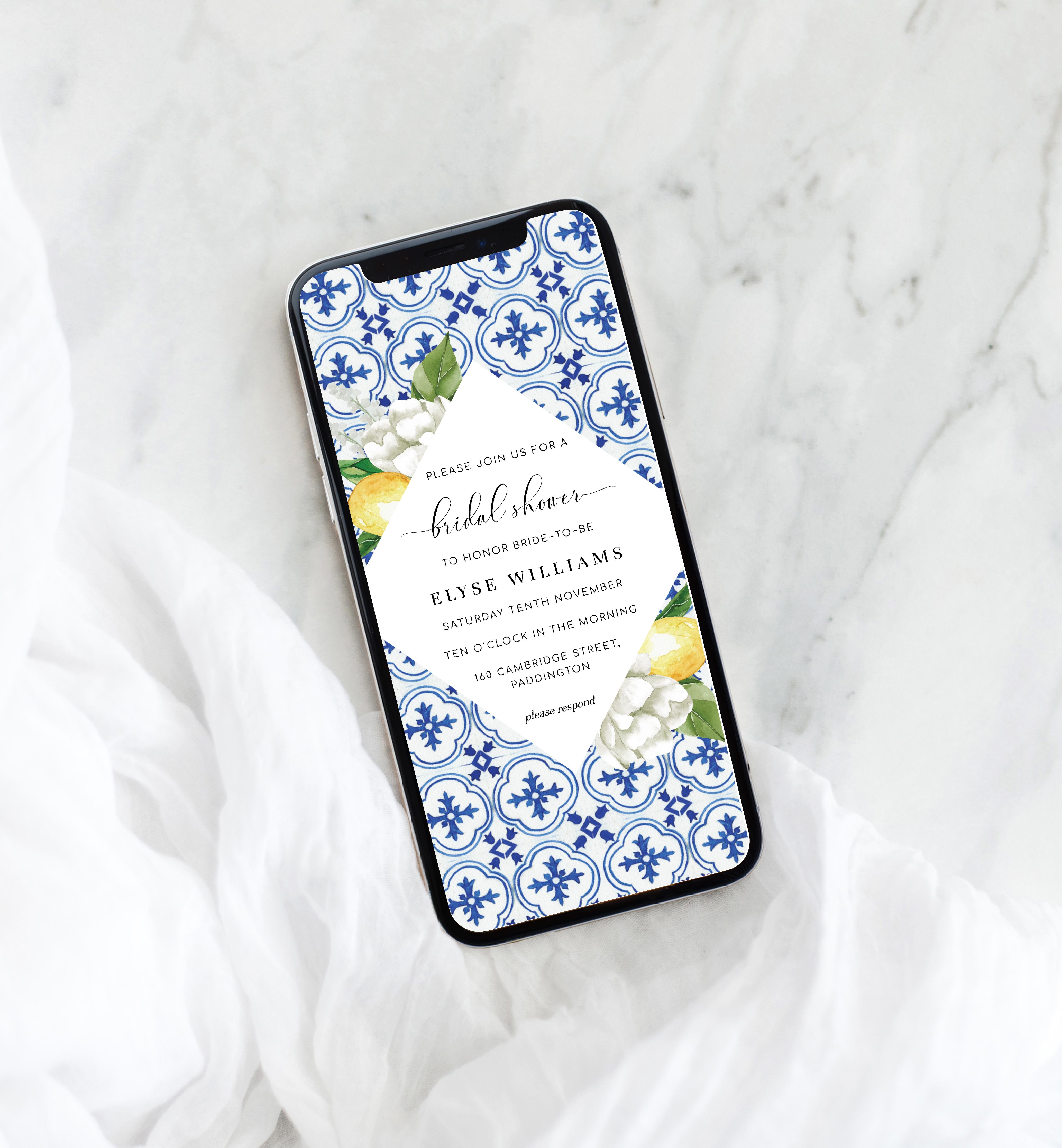 MED-BLU-1-B552 - THE MED - LEMONS - SMARTPHONE BRIDAL SHOWER INVITATION design preview