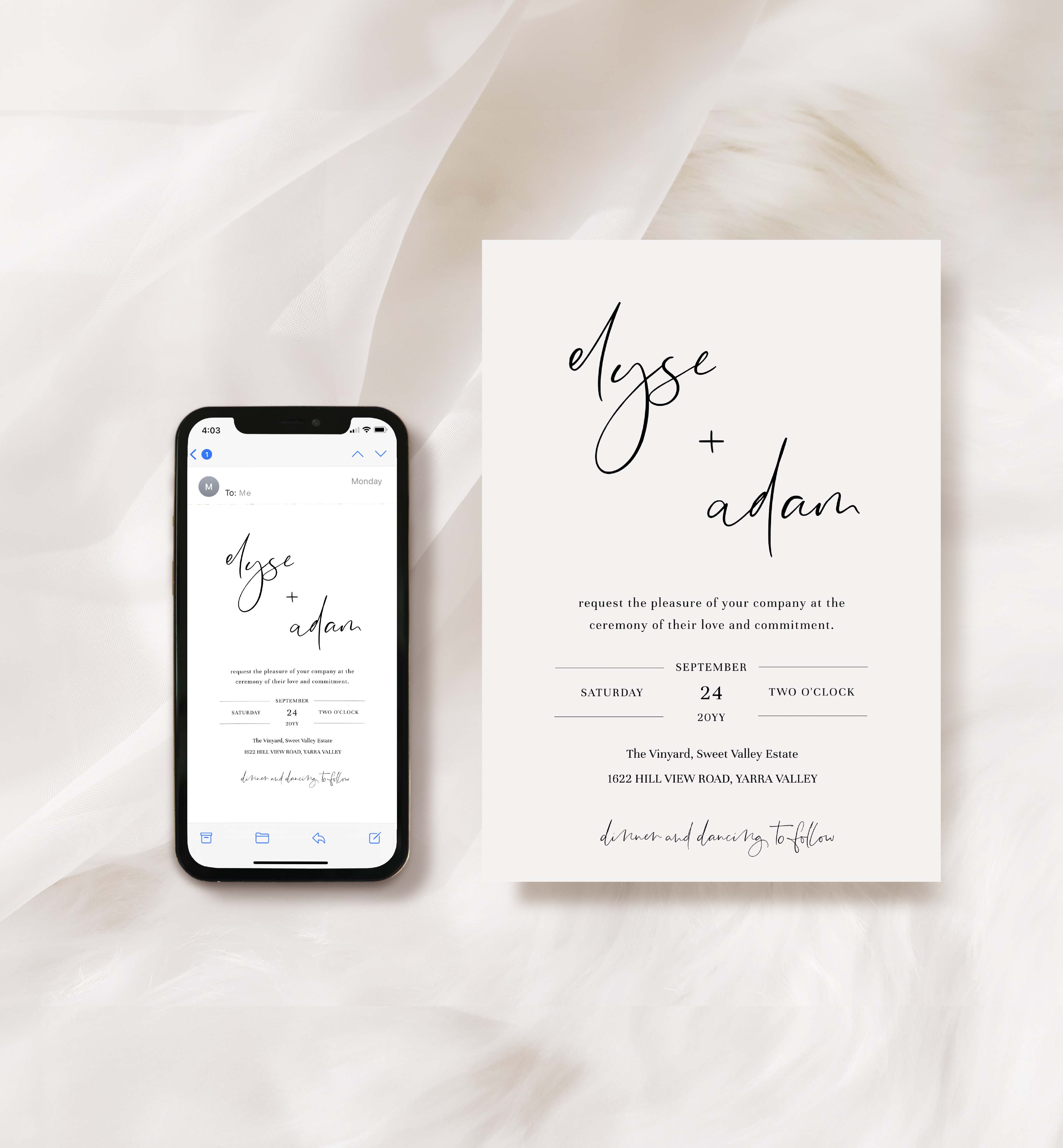 GIG-WHT-16-B710 - GIGI SCRIPT - WHITE - SMARTPHONE WEDDING INVITATION design preview