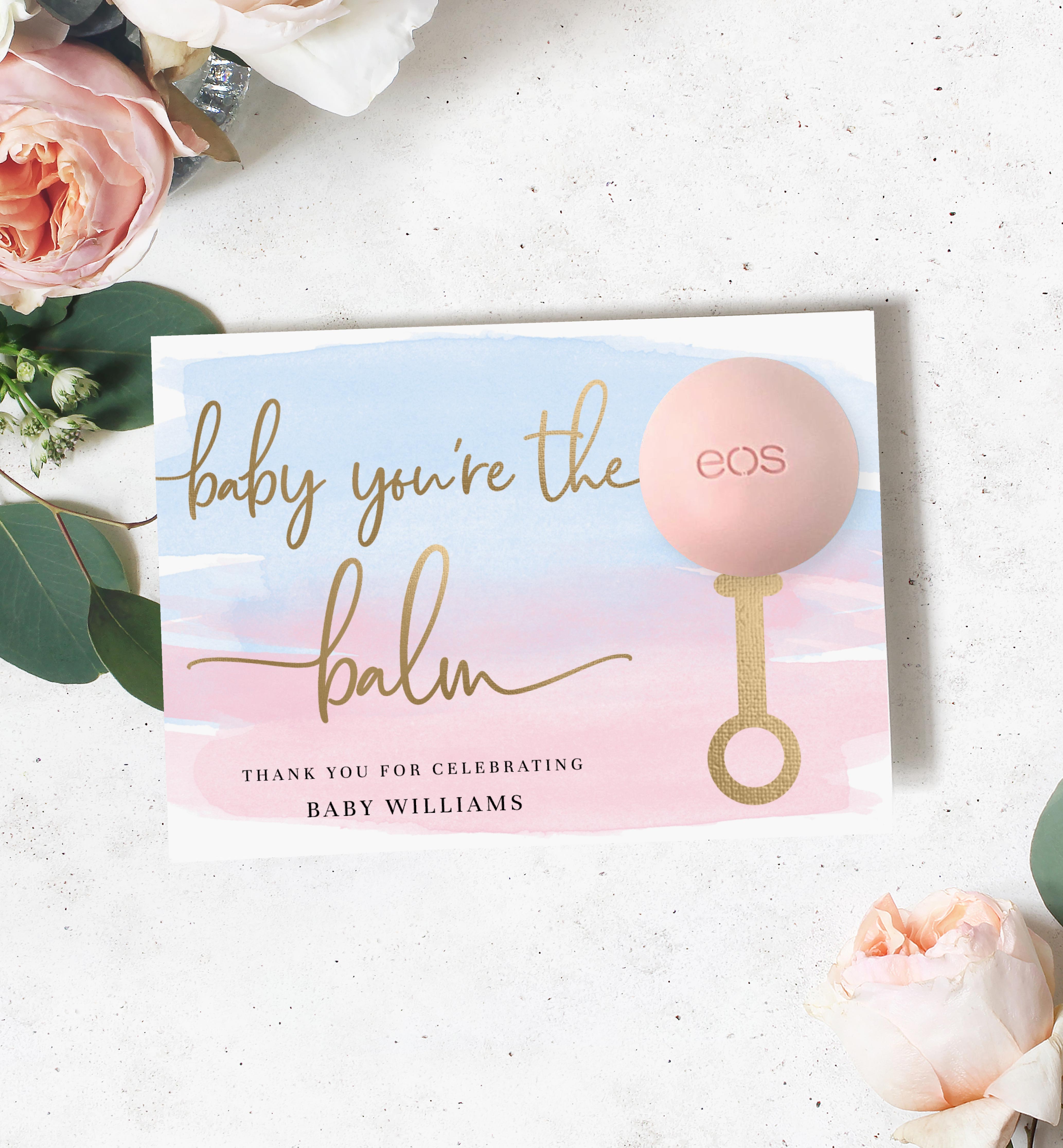 WAT-PNB-6-B2058 - WATERCOLOUR PINK BLUE - GOLD - BABY YOU'RE THE BALM LIP BALM FAVOUR CARD design preview