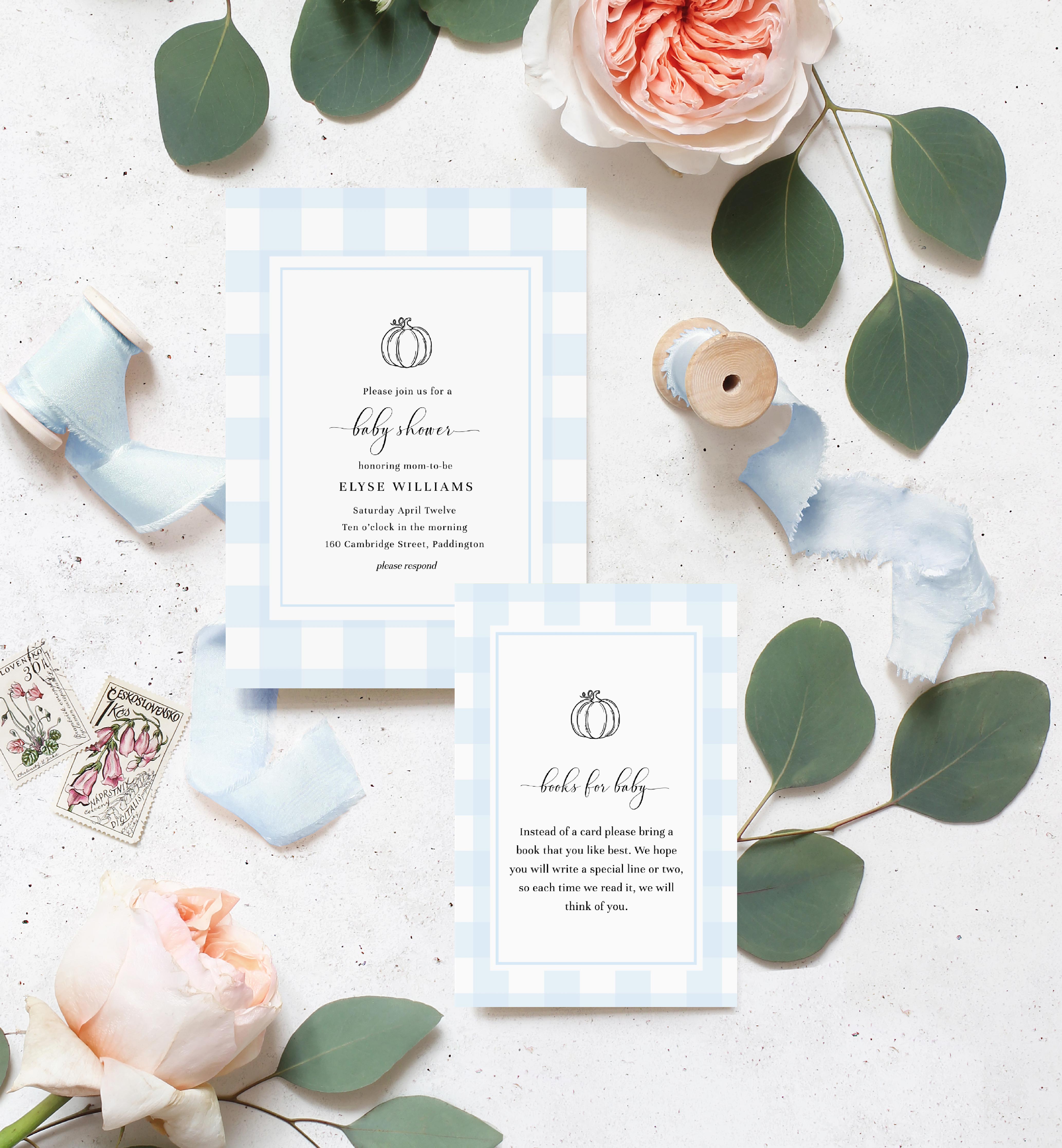 GIN-BLU-1-B2195 - GINGHAM - BLUE PUMPKIN - BABY SHOWER INVITATION SUITE design preview