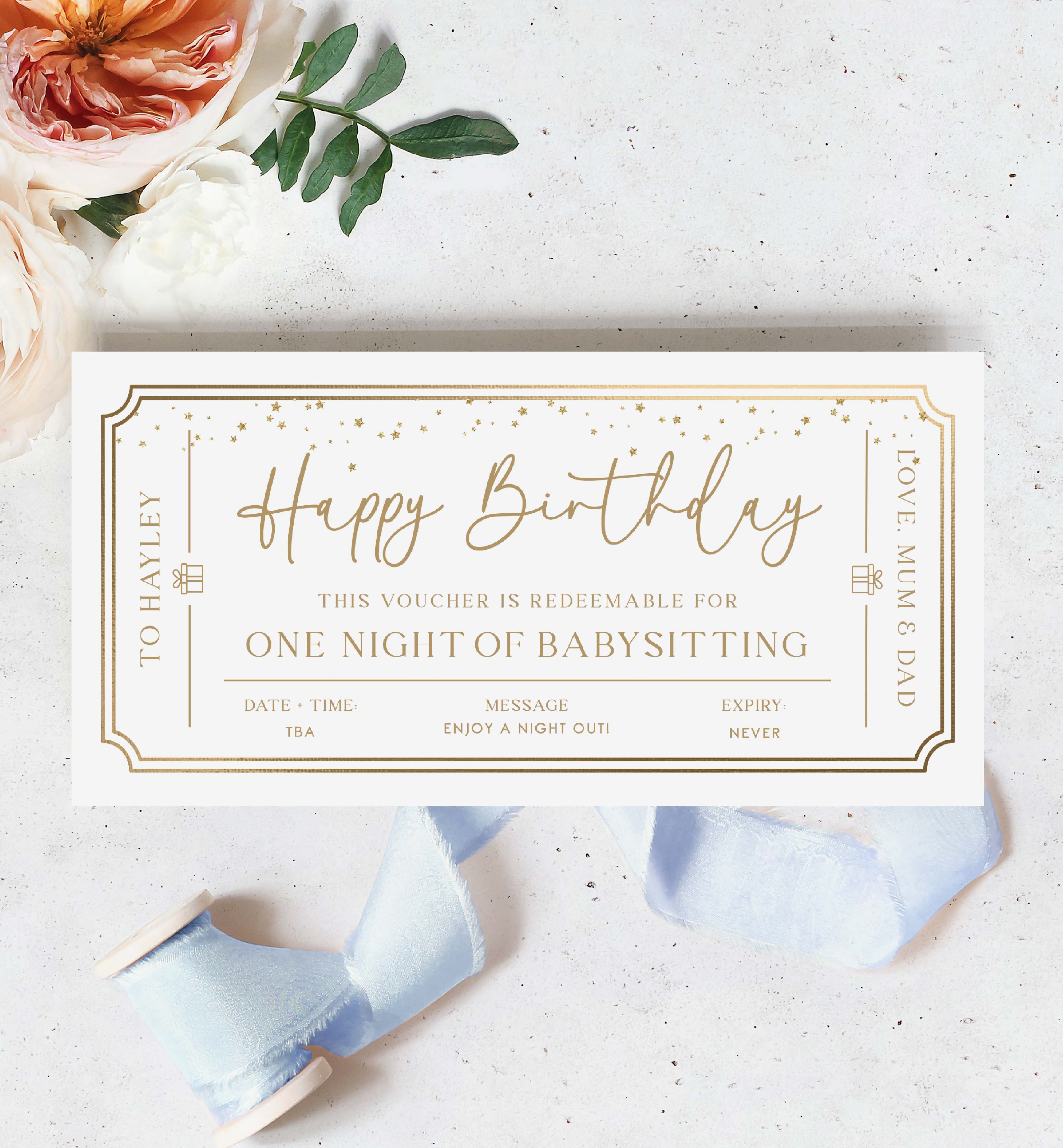 PAN-WHG-14-B3054 - PAINTLY - WHITE GOLD - BIRTHDAY BABYSITTING GIFT CERTIFICATE design preview