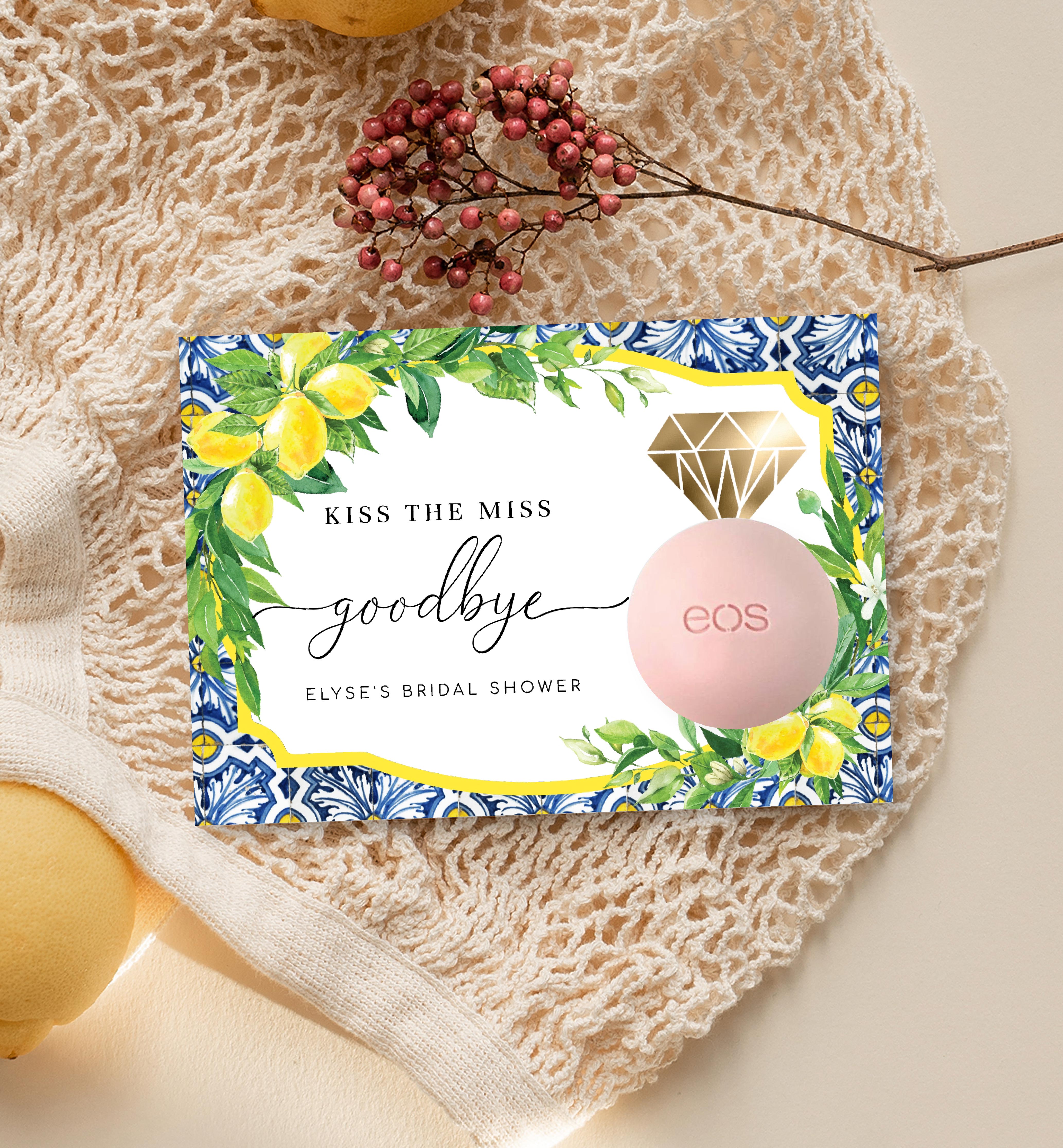 POS-BLY-6-B1951 - POSITANO BLUE TILE - LEMONS - KISS THE MISS LIP BALM FAVOUR TAG design preview