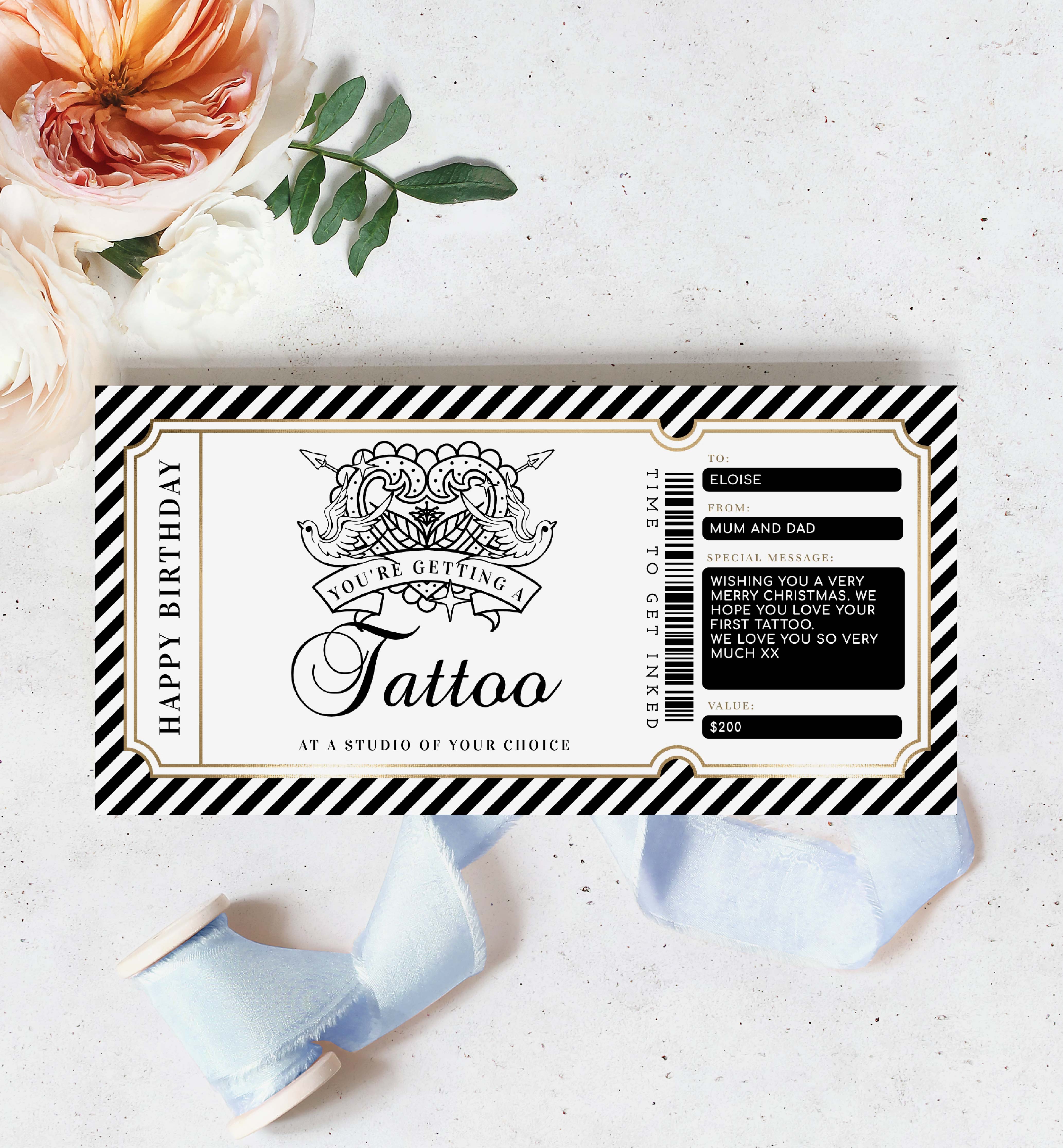 STR-BLG-14-B2844 - STRIPE - BLACK GOLD - TATTOO GIFT CERTIFICATE design preview