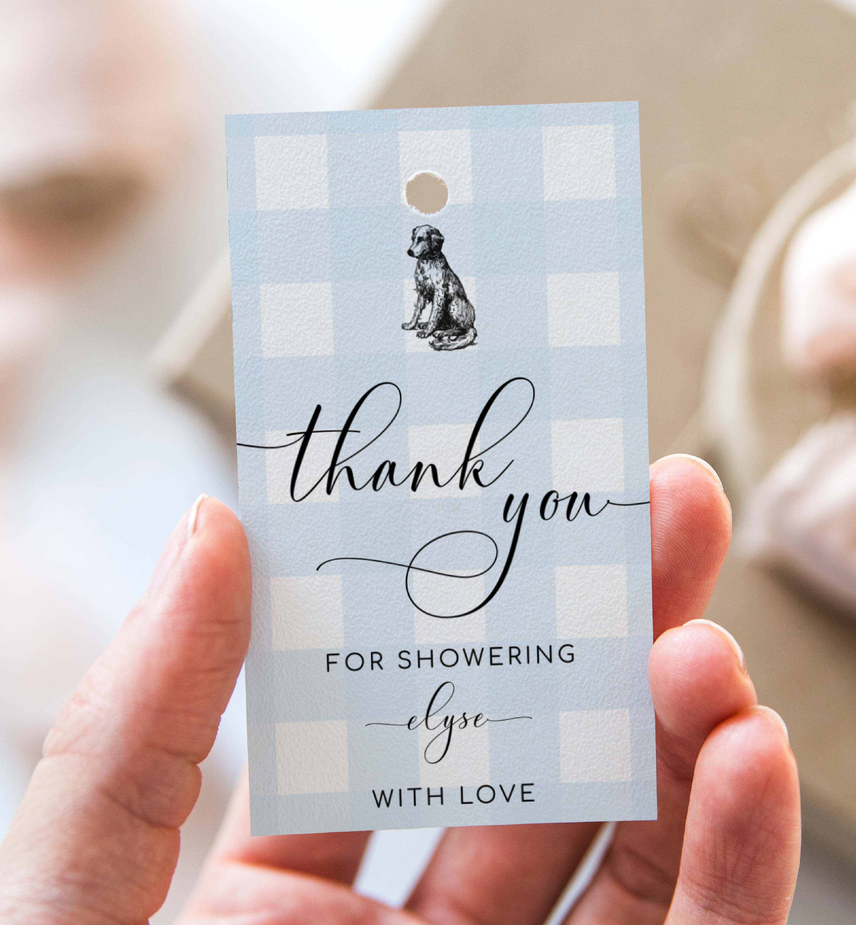 GIN-BLU-6-B3299 - GINGHAM - BLUE DOG - THANK YOU TAG design preview
