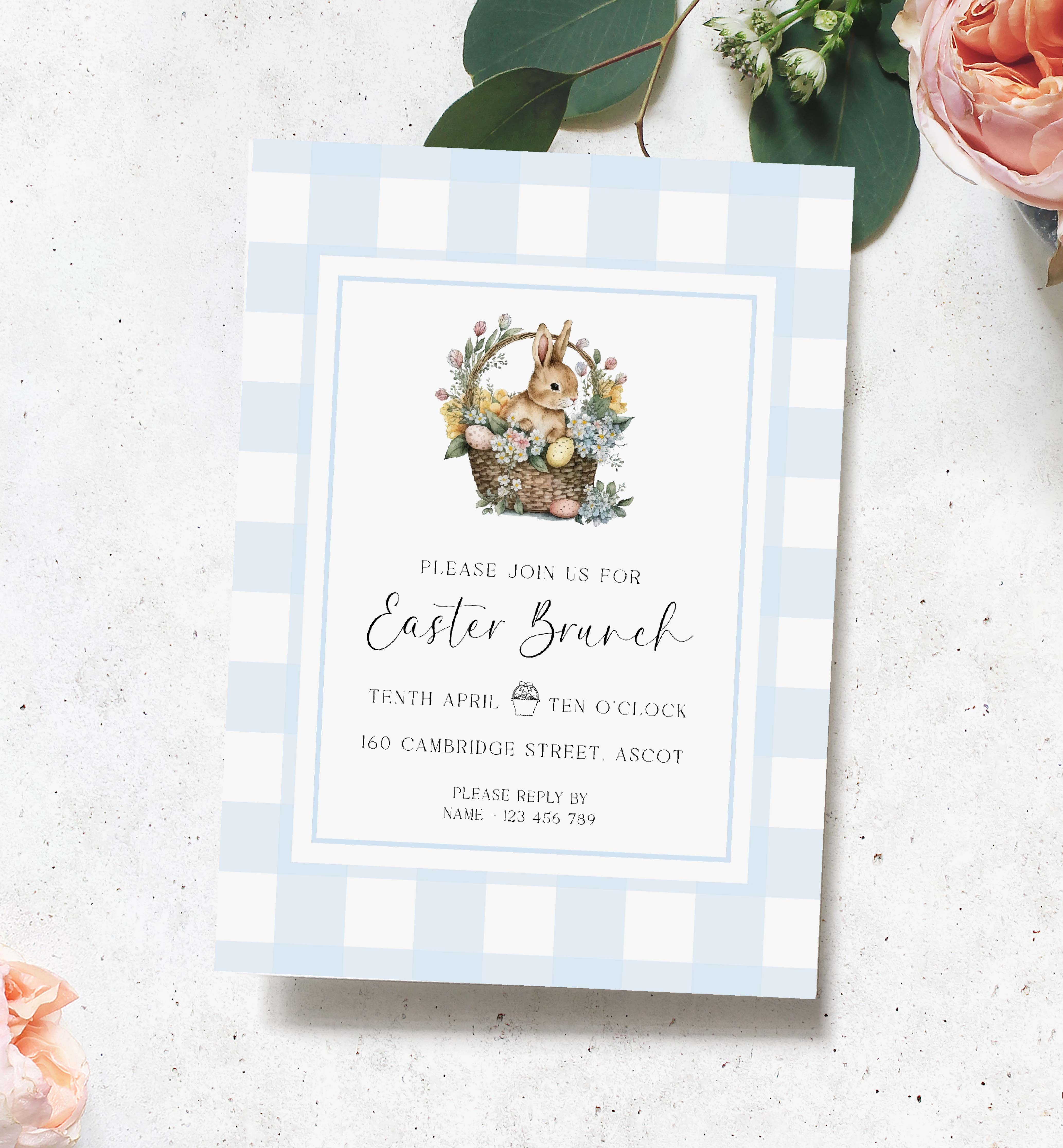 GIN-BLU-1-B3052 - GINGHAM - BLUE BUNNY BASKET - EASTER BRUNCH INVITATION design preview