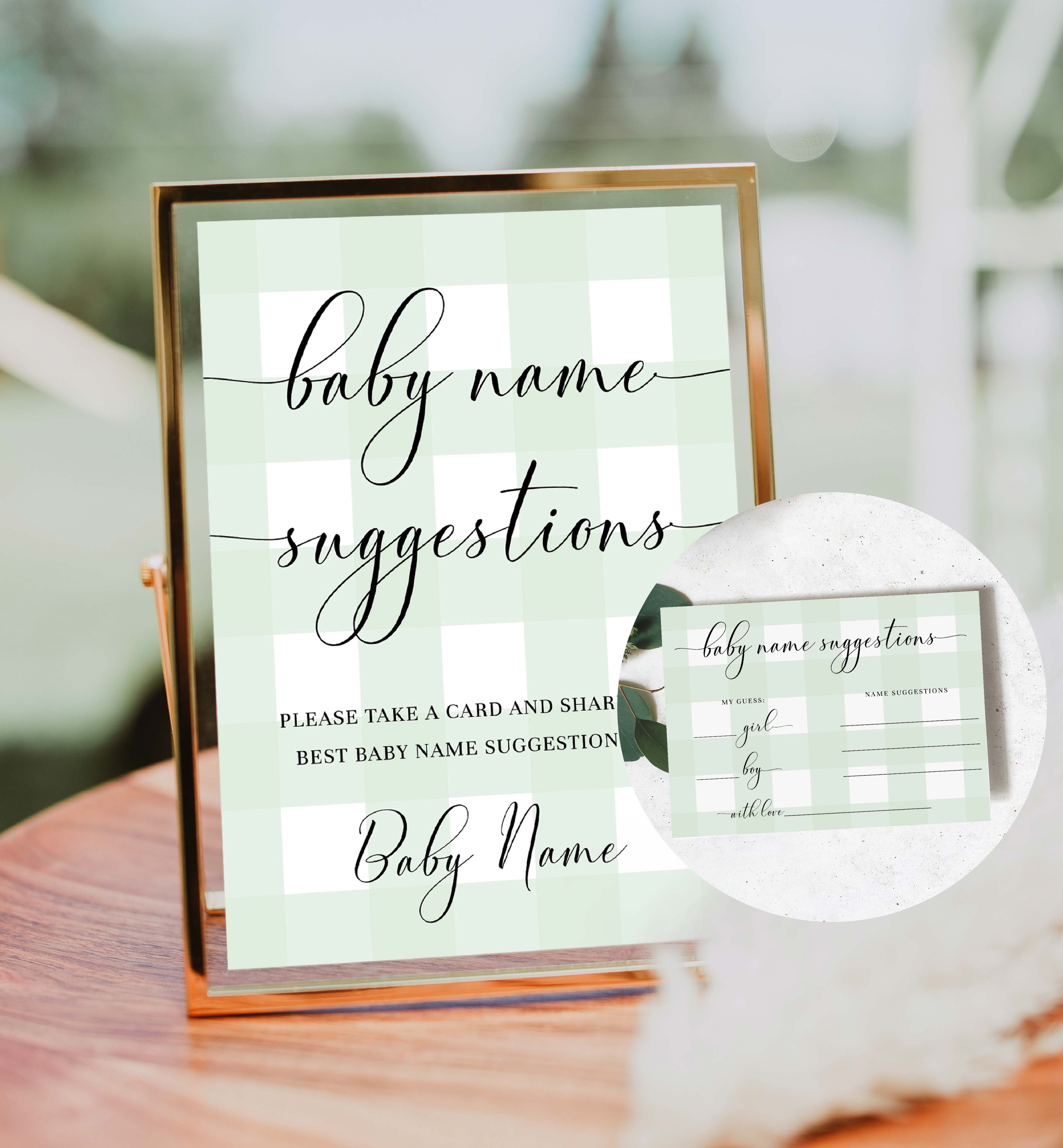 GIN-GRE-7-B2333 - GINGHAM - GREEN - BABY NAME SUGGESTIONS SIGN AND CARD design preview
