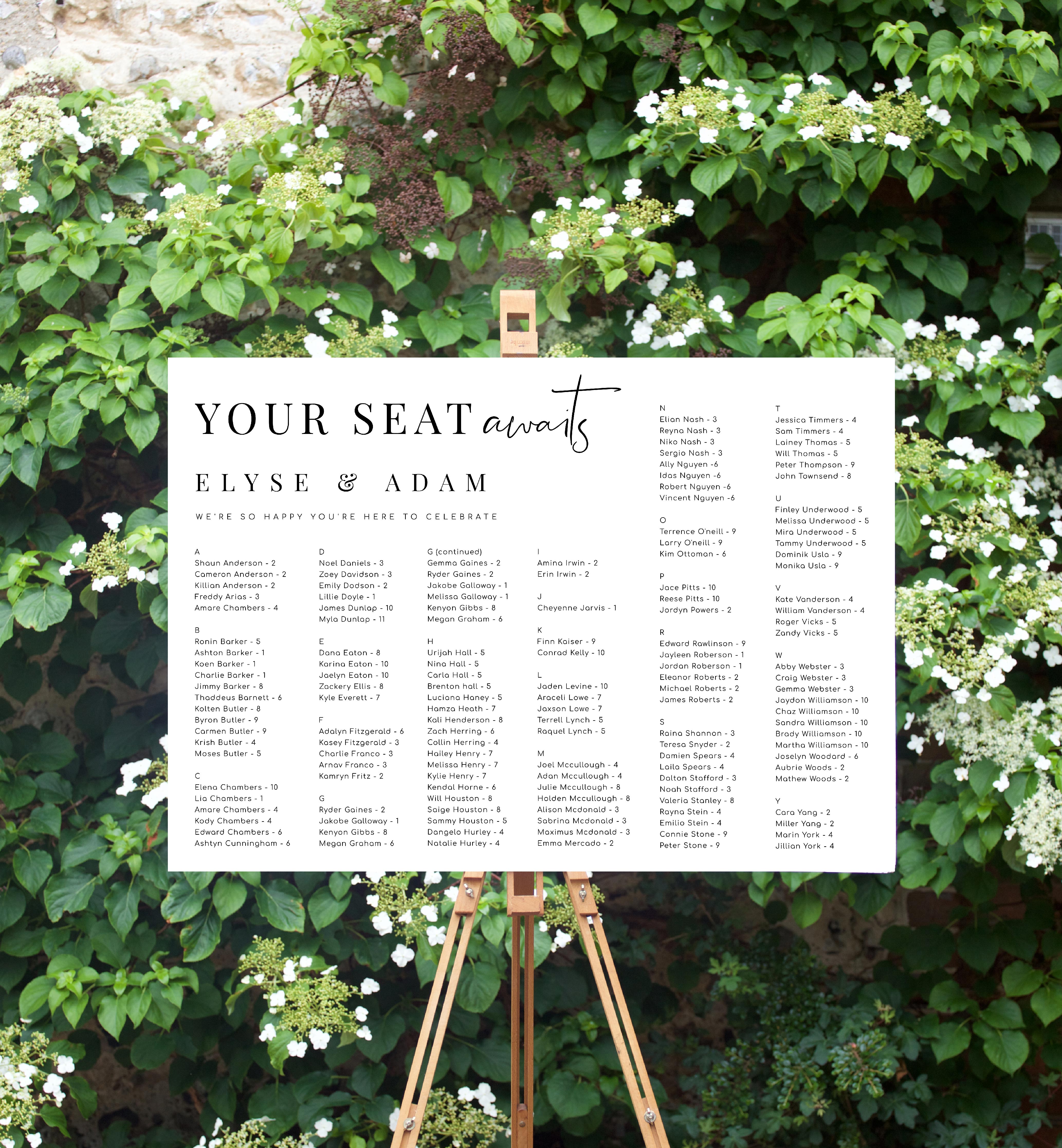 EST-WHT-4-B2185 - ESTELLE - WHITE - ALPHABETICAL YOUR SEAT AWAITS SEATING CHART design preview