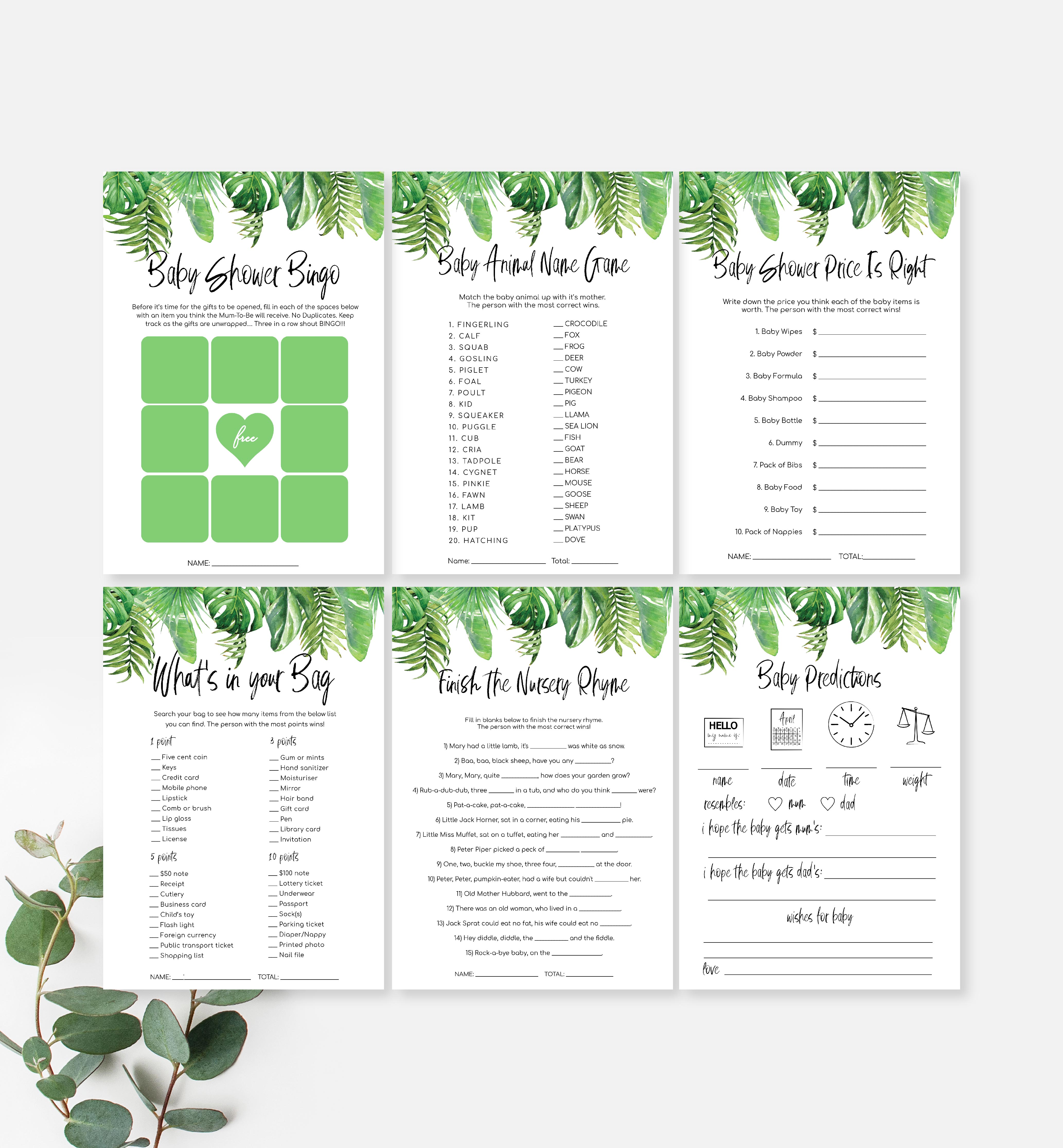 NAN-GRE-10-B917 - NANTUCKET PALM - GREEN - BABY SHOWER GAMES BUNDLE design preview
