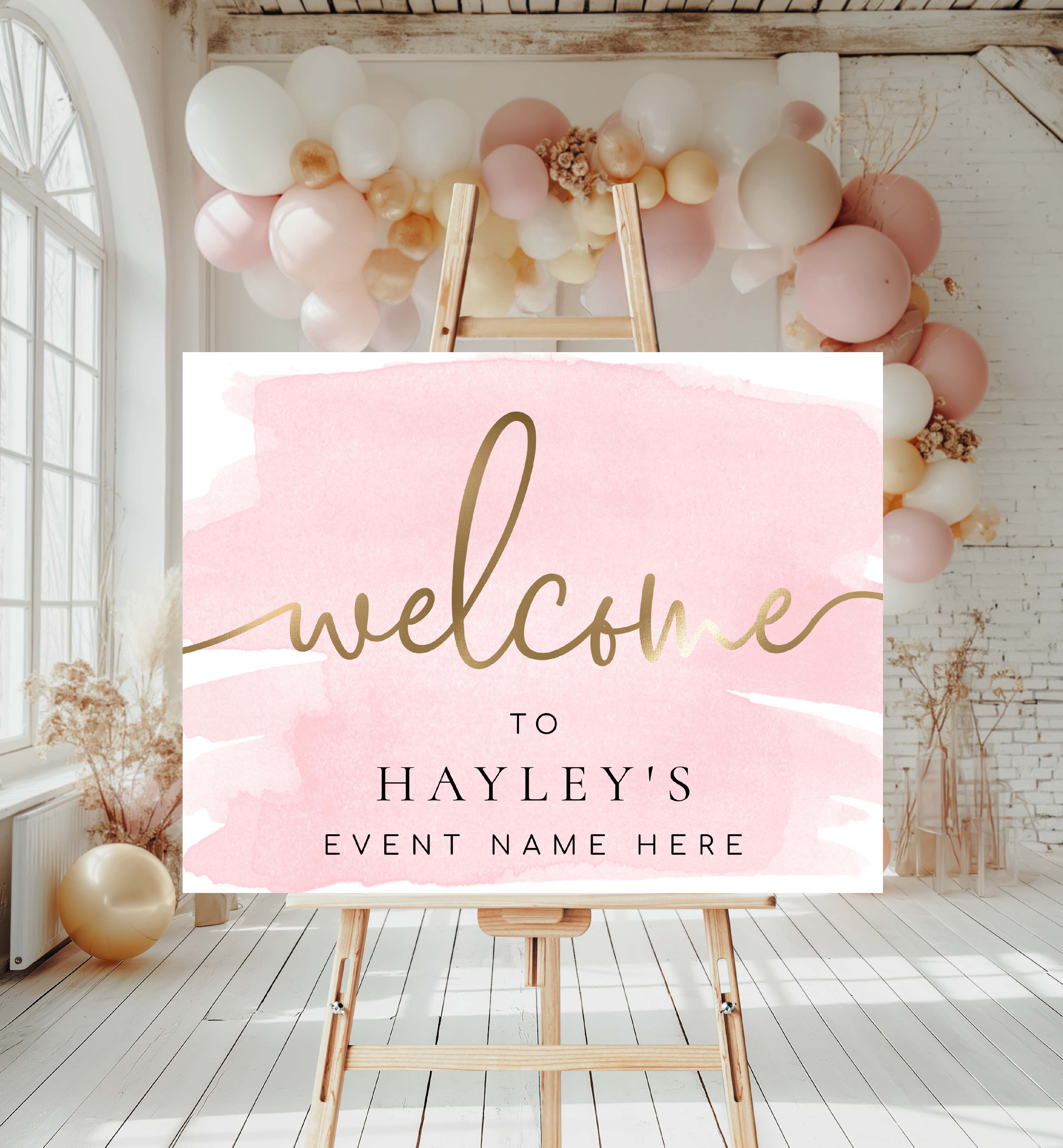 WAT-PNK-3-B005 - WATERCOLOUR PINK - GOLD - WELCOME SIGN design preview