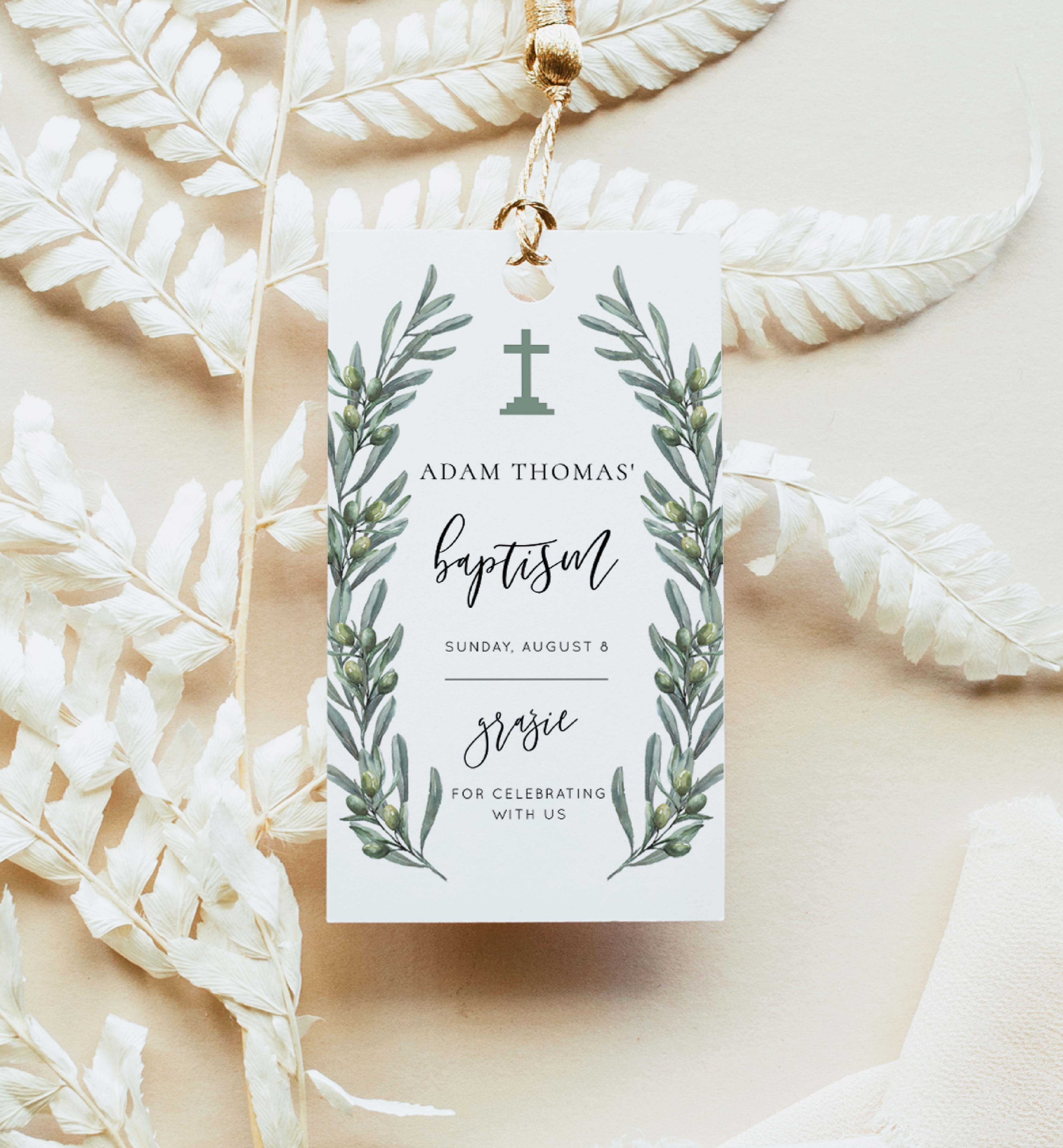 OLV-GRE-6-B2857 - OLIVE GROVE - GREEN - BAPTISM CHRISTENING TAG design preview
