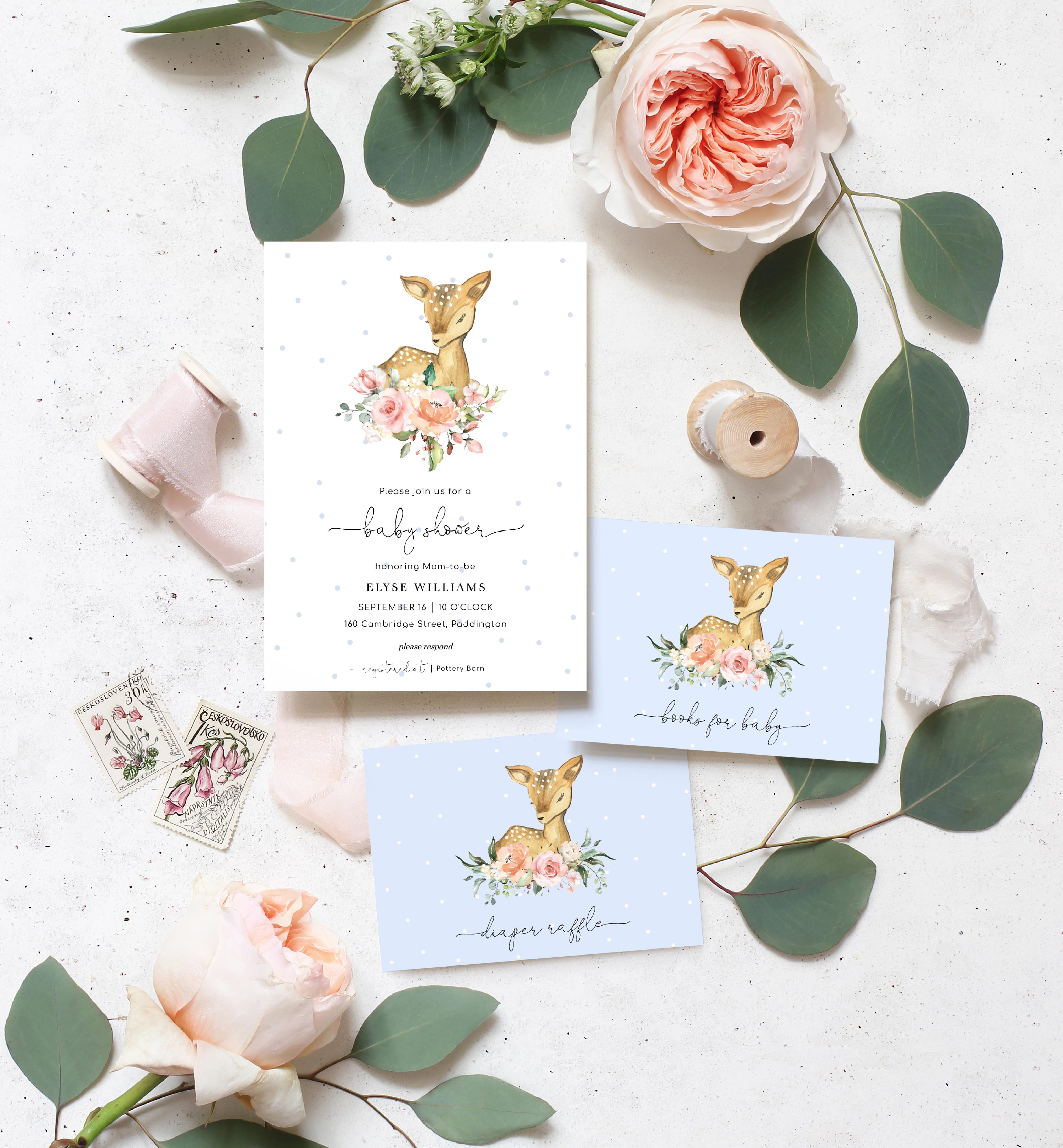 DEE-BLU-1-B1170 - OH DEER - BLUE - BABY SHOWER INVITATION SUITE design preview