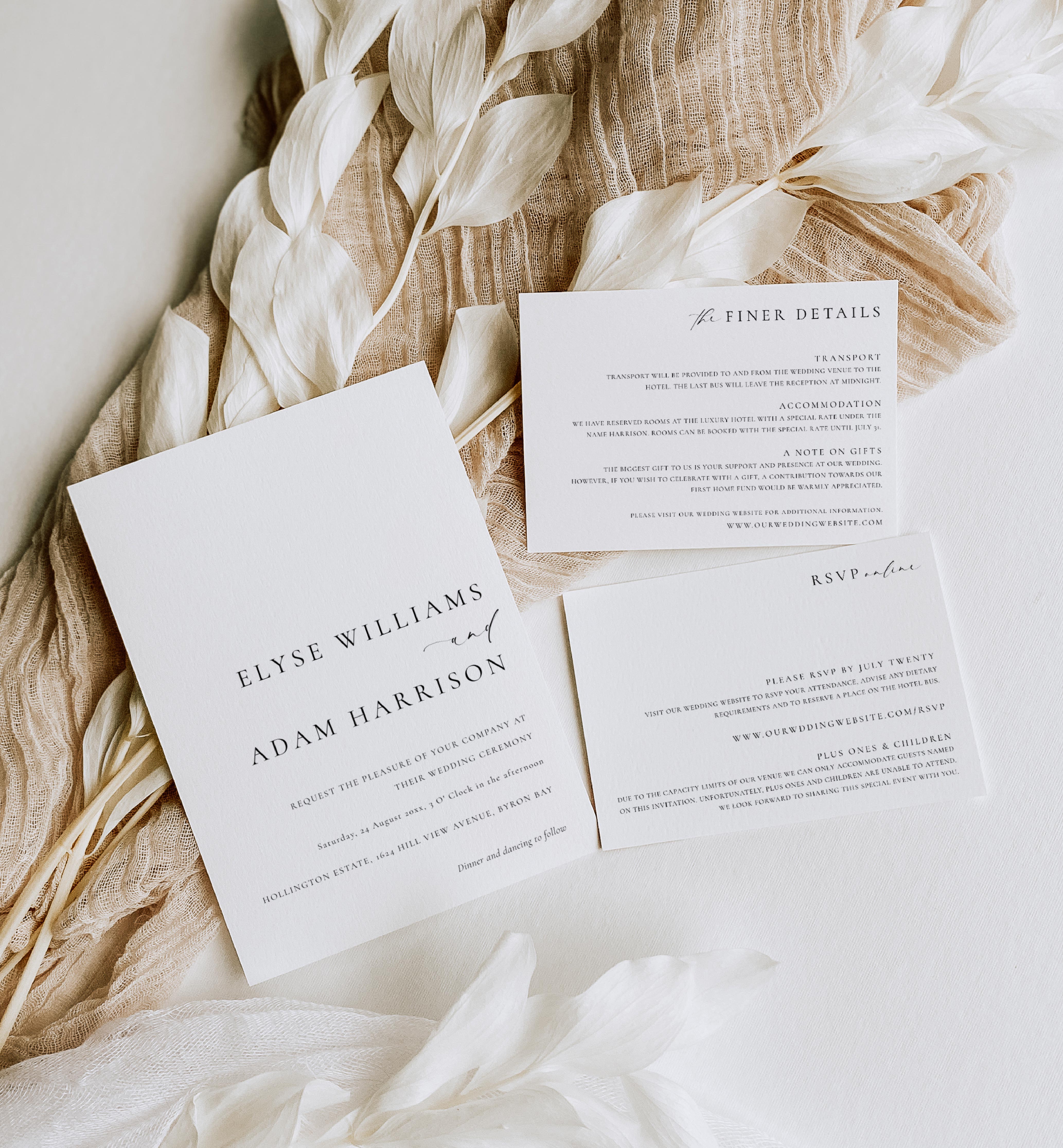 ELE-WHT-1-B2438 - ELLESMERE - WHITE - WEDDING INVITATION SUITE design preview