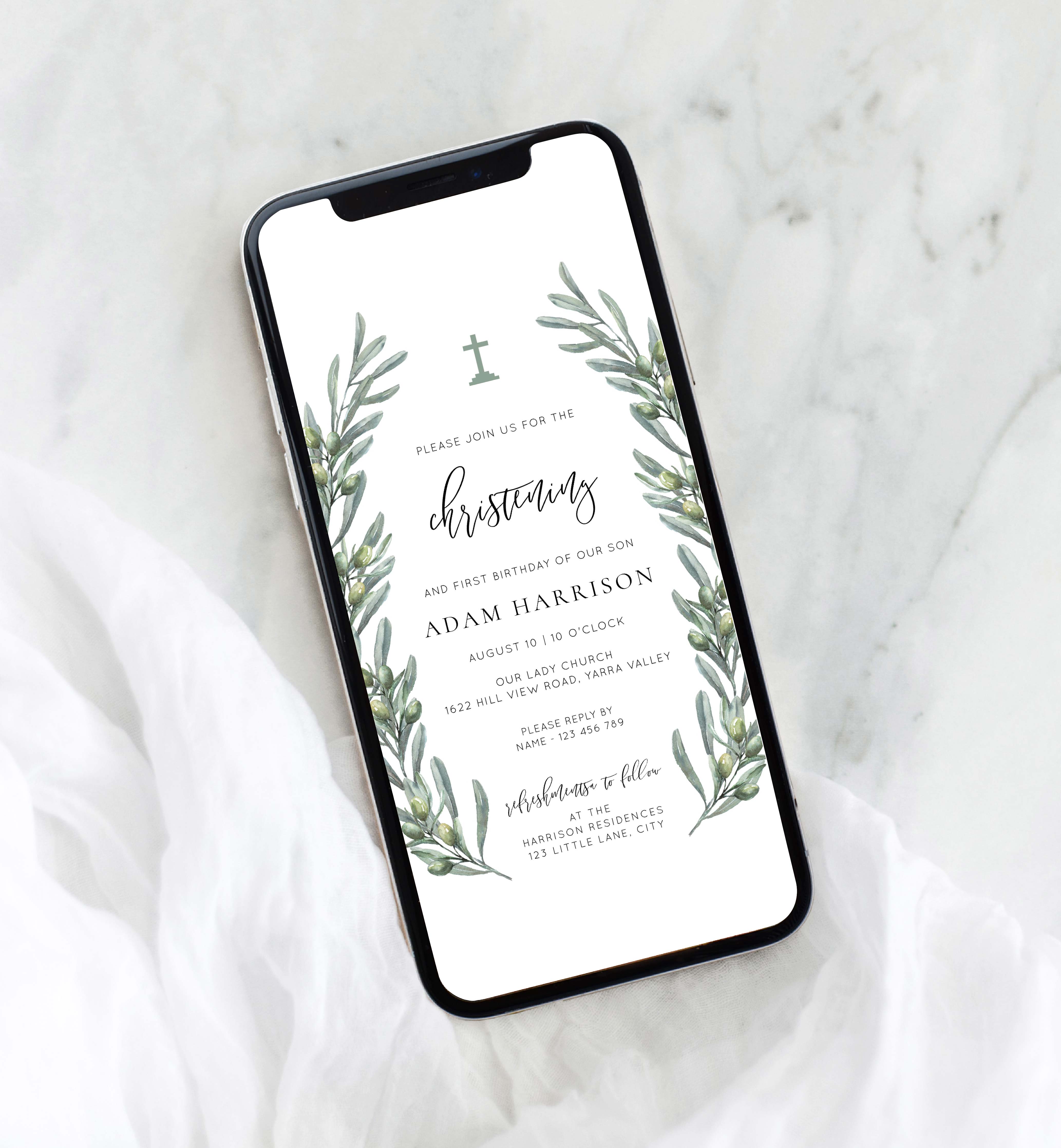 OLV-GRE-14-B2856 - OLIVE GROVE - GREEN - CHRISTENING SMARTPHONE INVITATION design preview