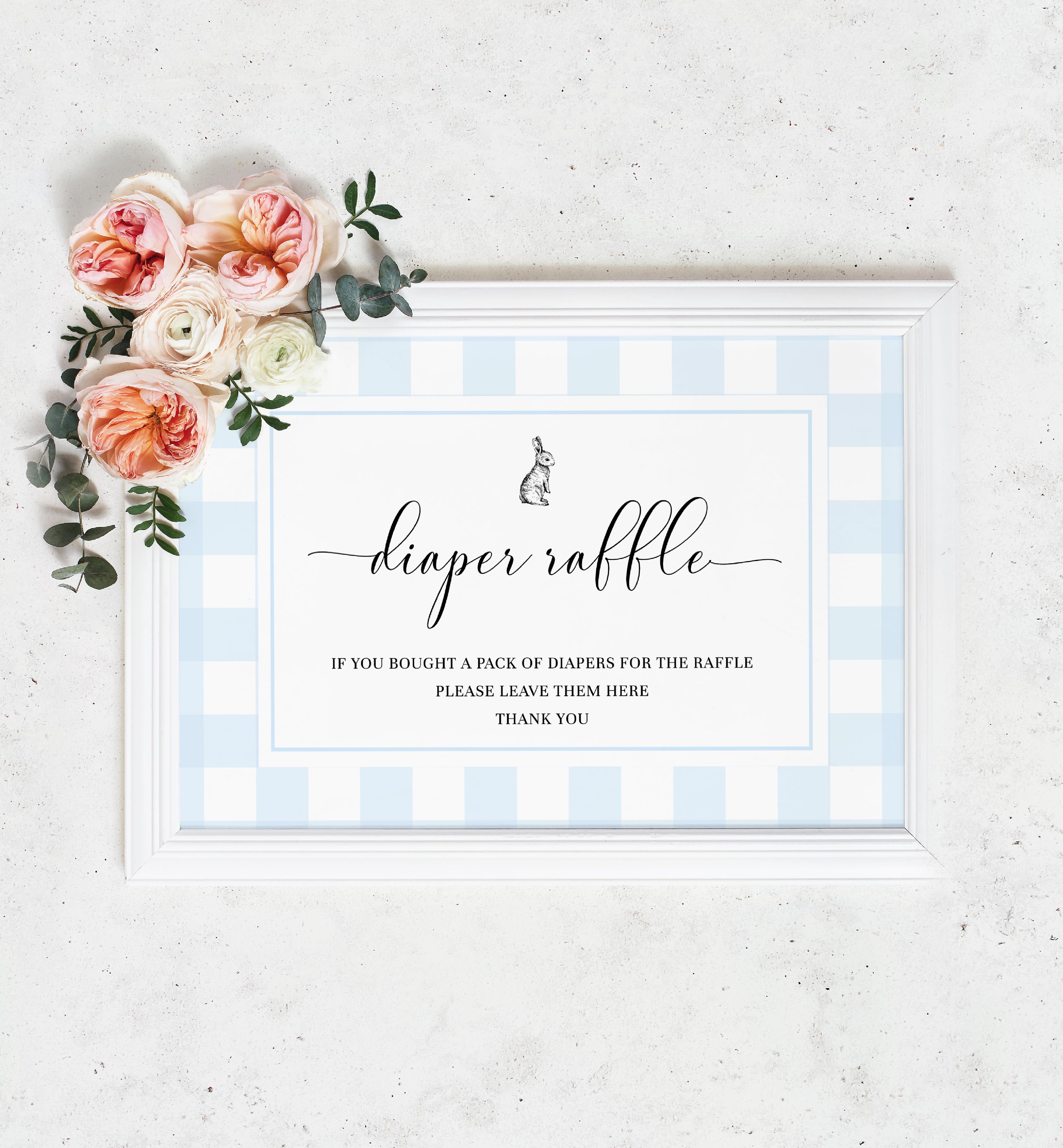 GIN-BLU-7-B2501 - GINGHAM - BLUE BUNNY - DIAPER RAFFLE SIGN AND TICKET design preview