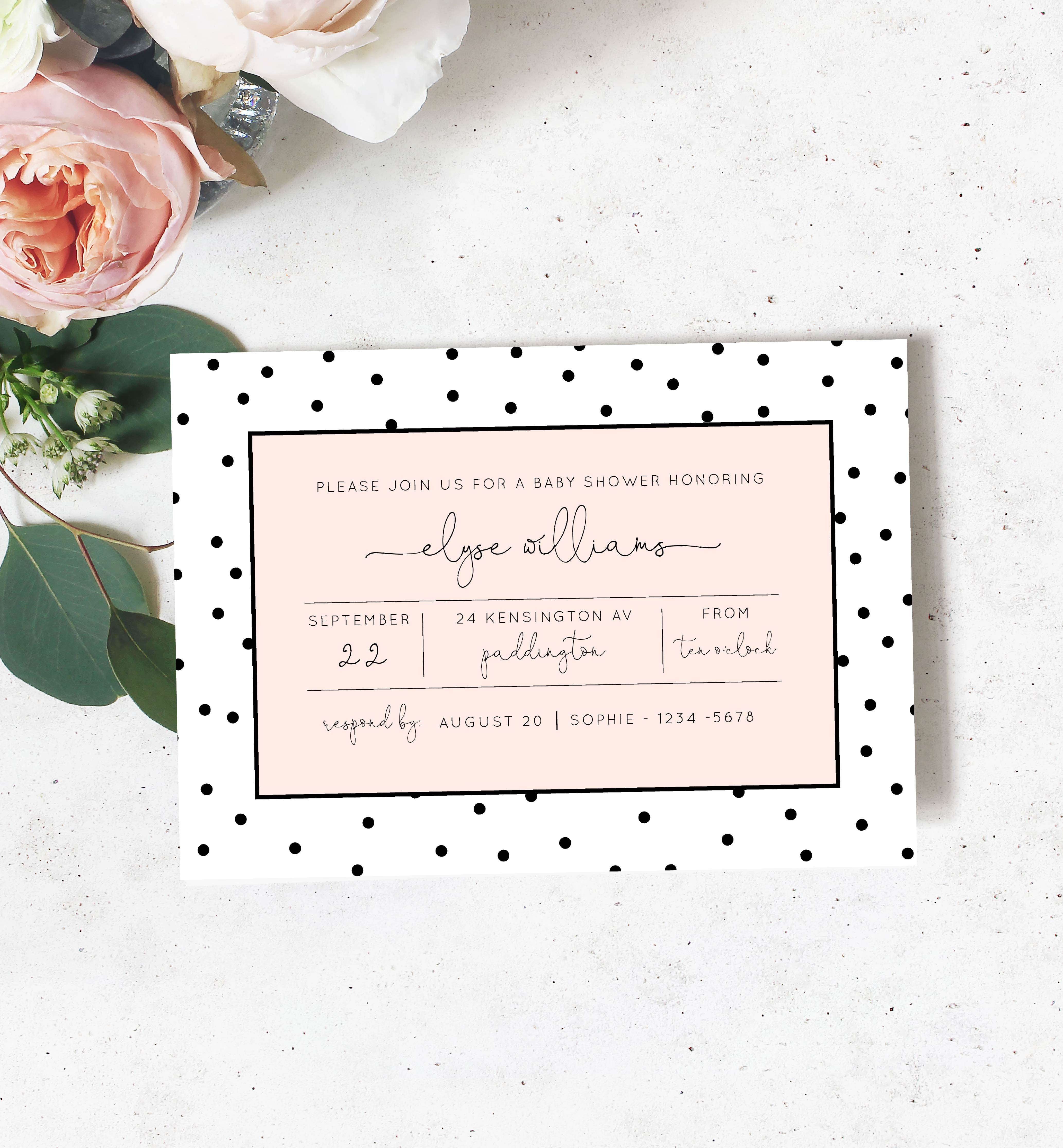SFR-PNK-1-B698 - SO FRENCHIE DOT - PINK - BABY SHOWER INVITATION design preview