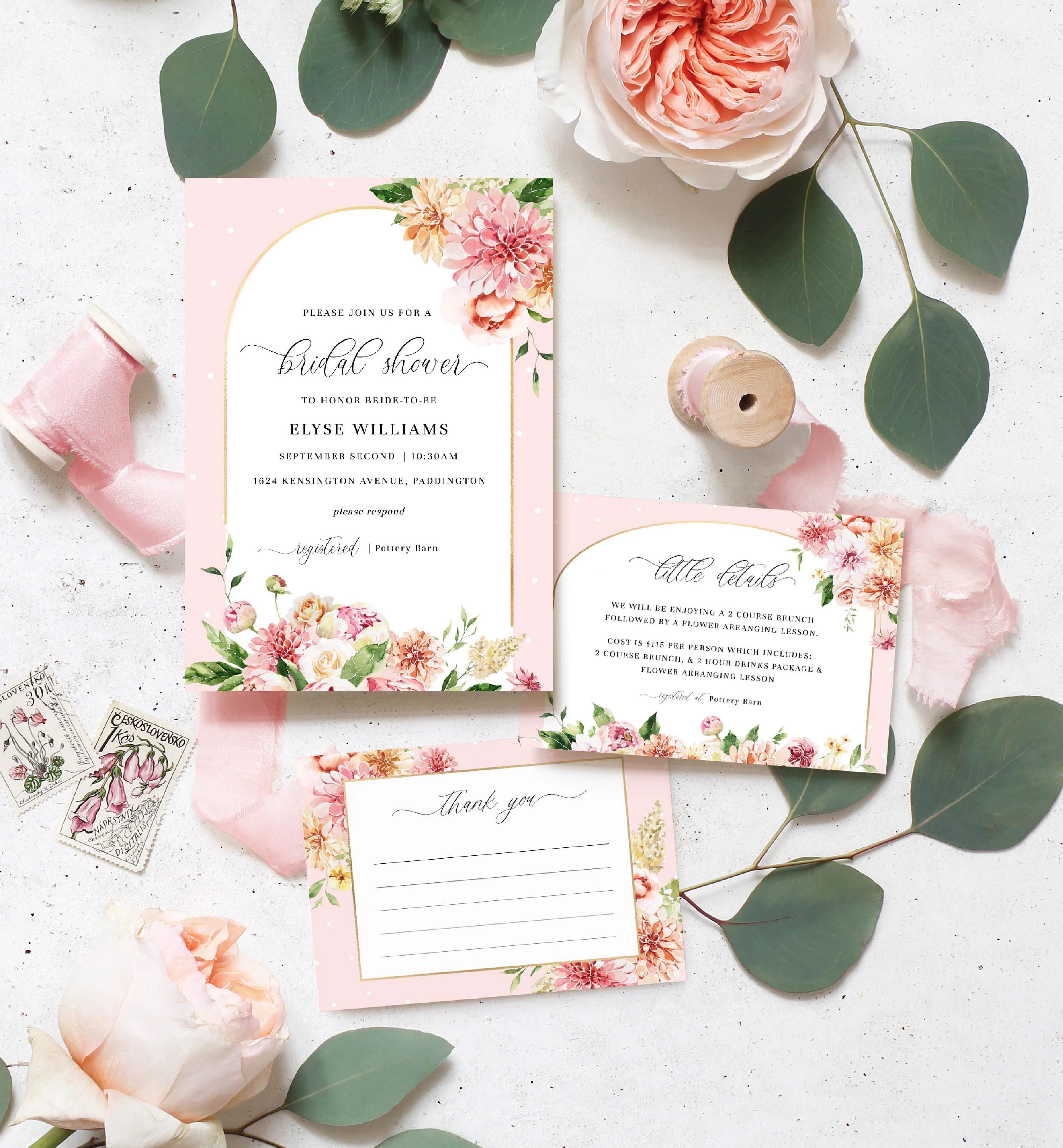 QIN-PNK-1-B1723 - QUINN FLORAL - PINK - BRIDAL SHOWER INVITATION SUITE design preview
