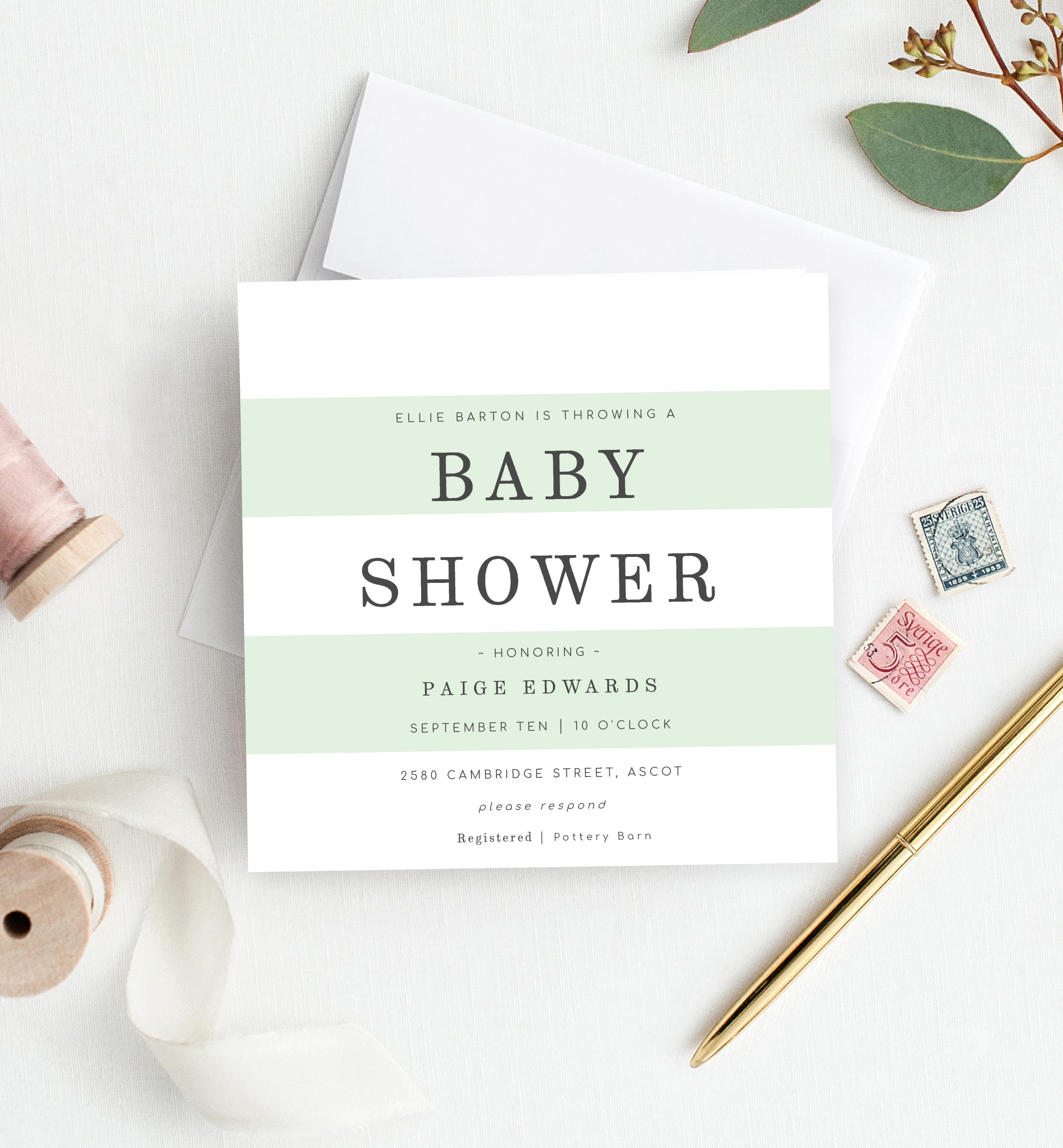 STR-GRE-1-B424 - STRIPED - GREEN - BABY SHOWER INVITATION design preview