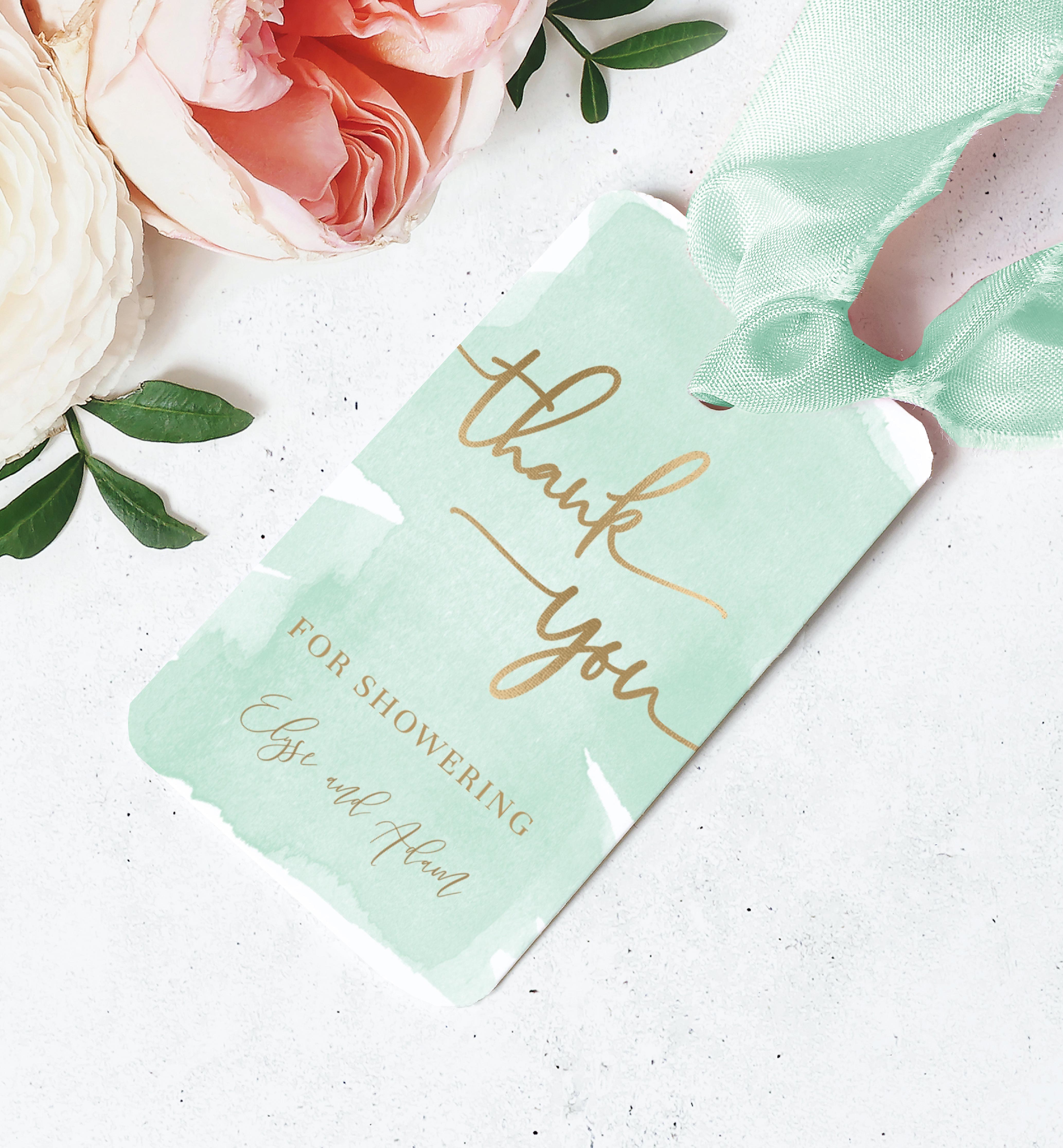 WAT-GRE-6-B329 - WATERCOLOUR GREEN - GOLD FOIL - THANK YOU FAVOUR TAGS design preview