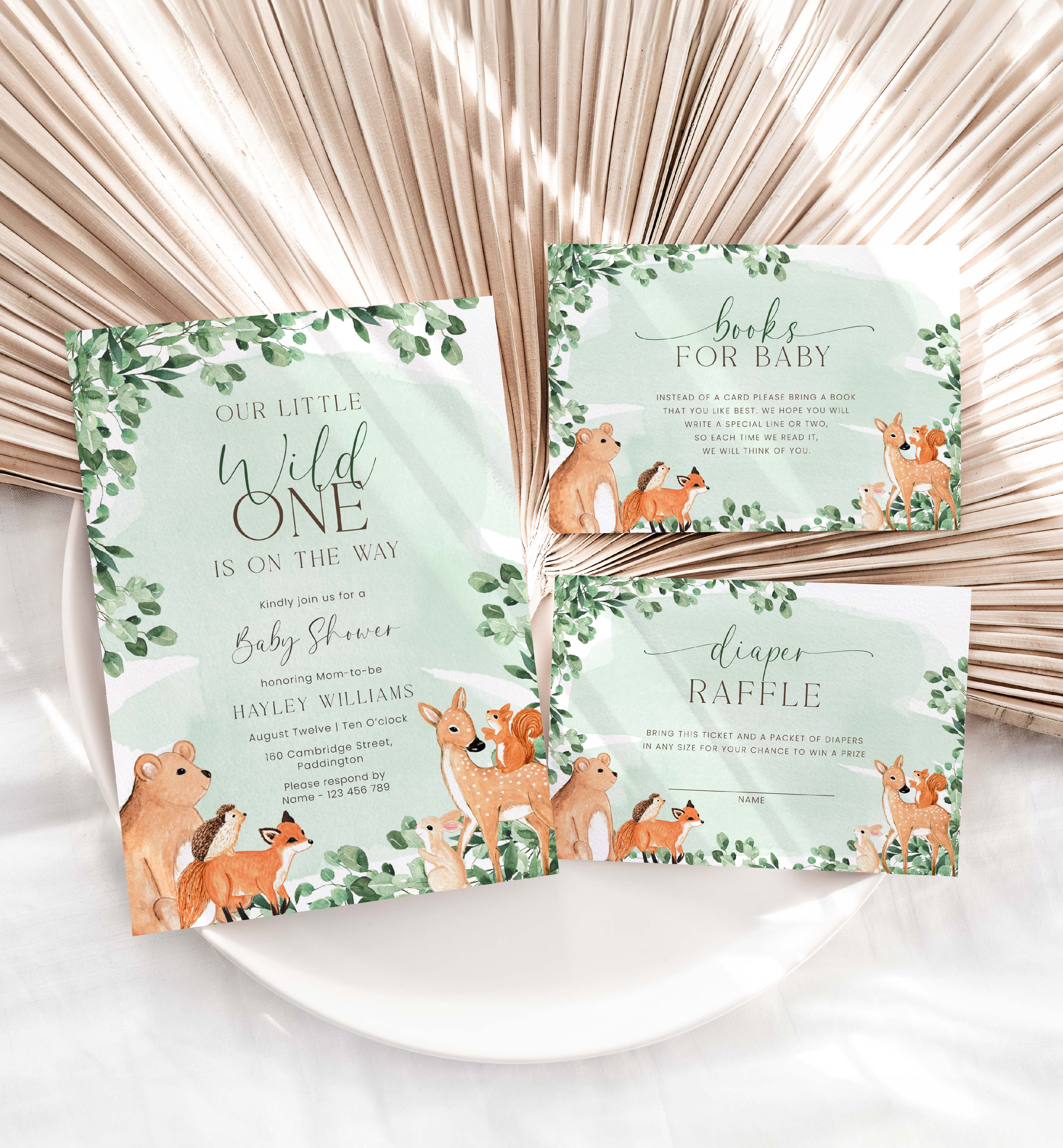 WOD-GRE-1-B1902 - WOODLAND - GREEN - BABY SHOWER INVITATION SUITE design preview