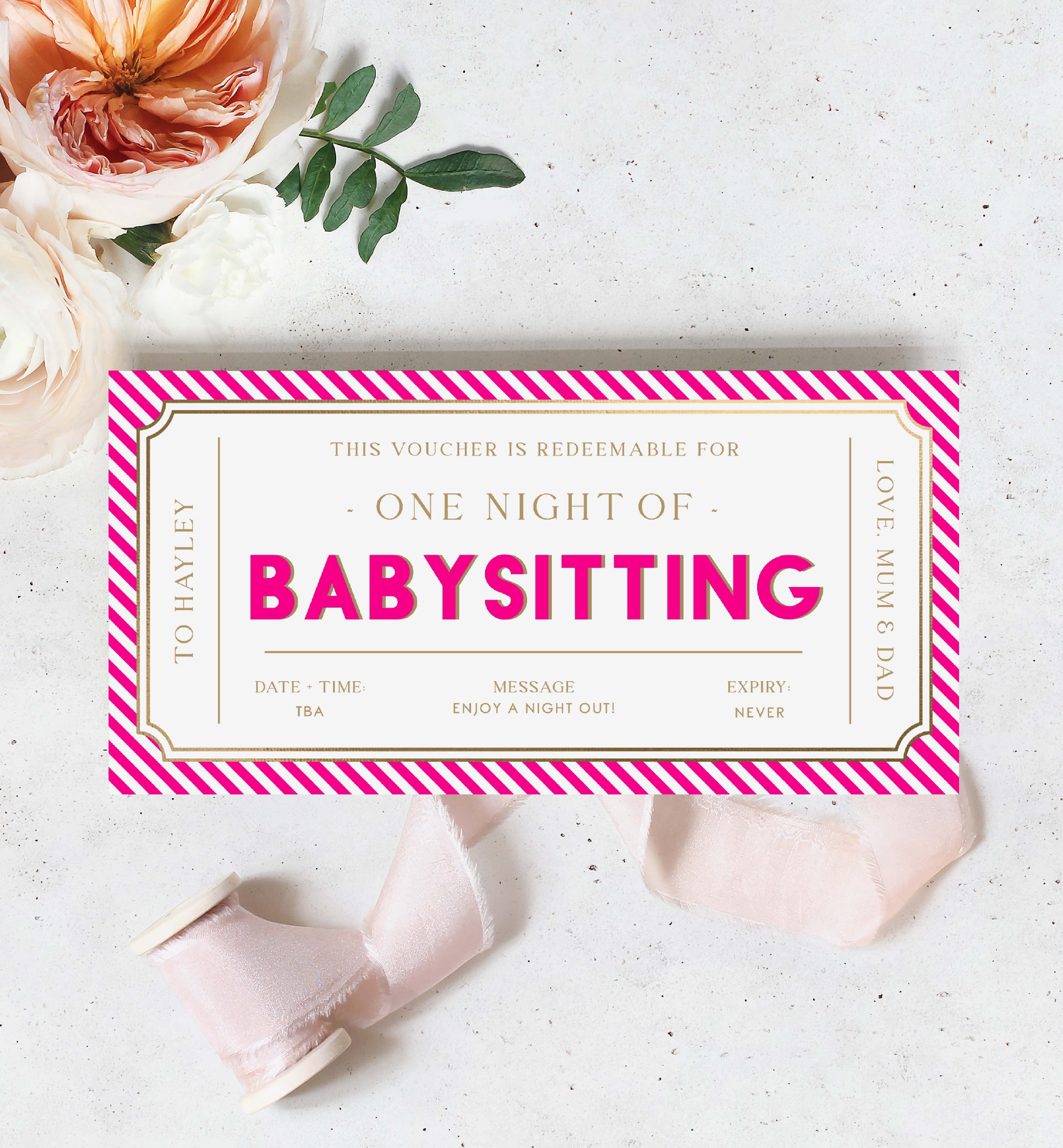 STR-HPK-14-B3013 - STRIPE - HOT PINK - BABYSITTING GIFT CERTIFICATE design preview