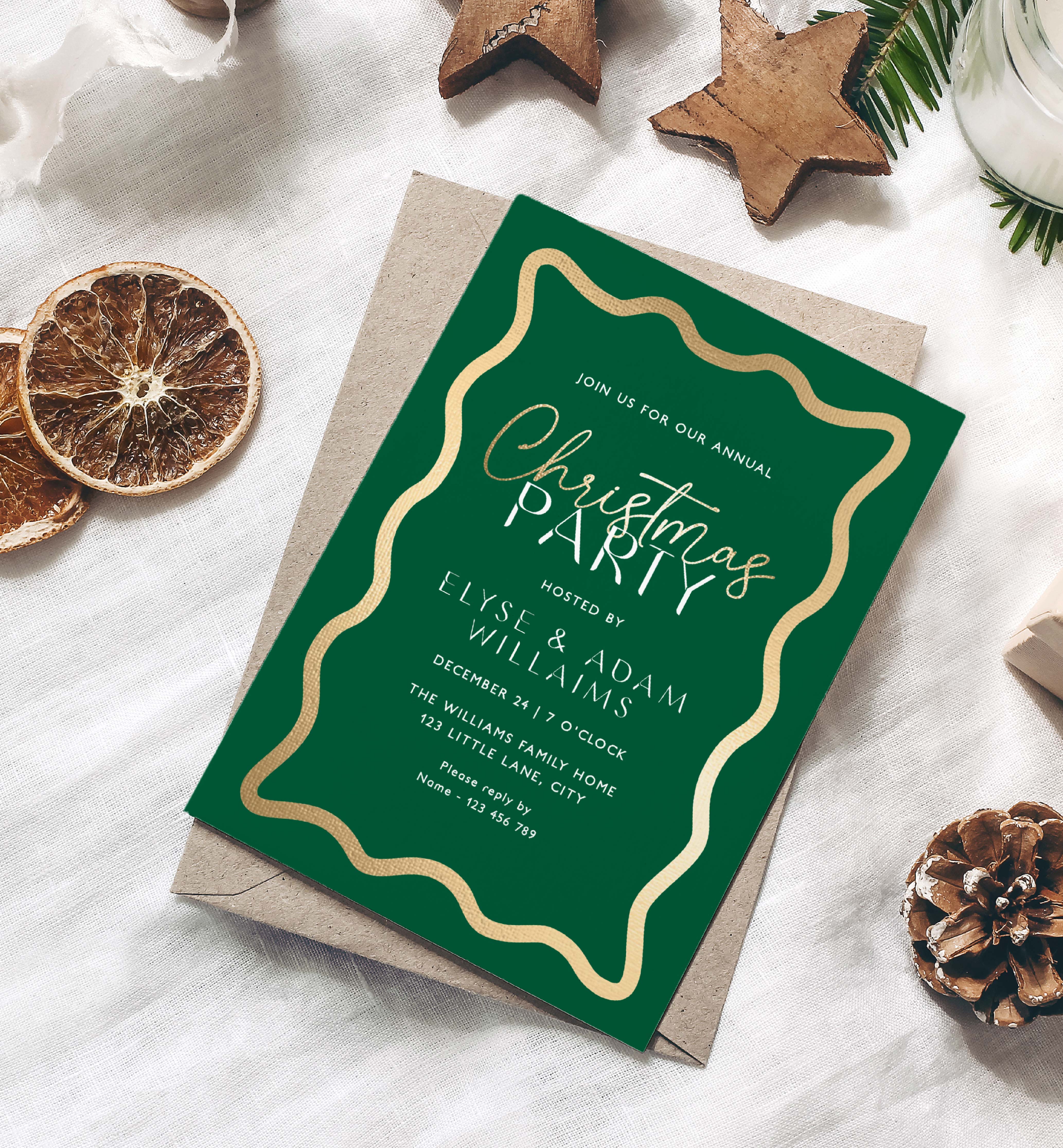 WAV-GRG-1-B2833 - WAVE - GREEN GOLD - CHRISTMAS PARTY INVITATION design preview