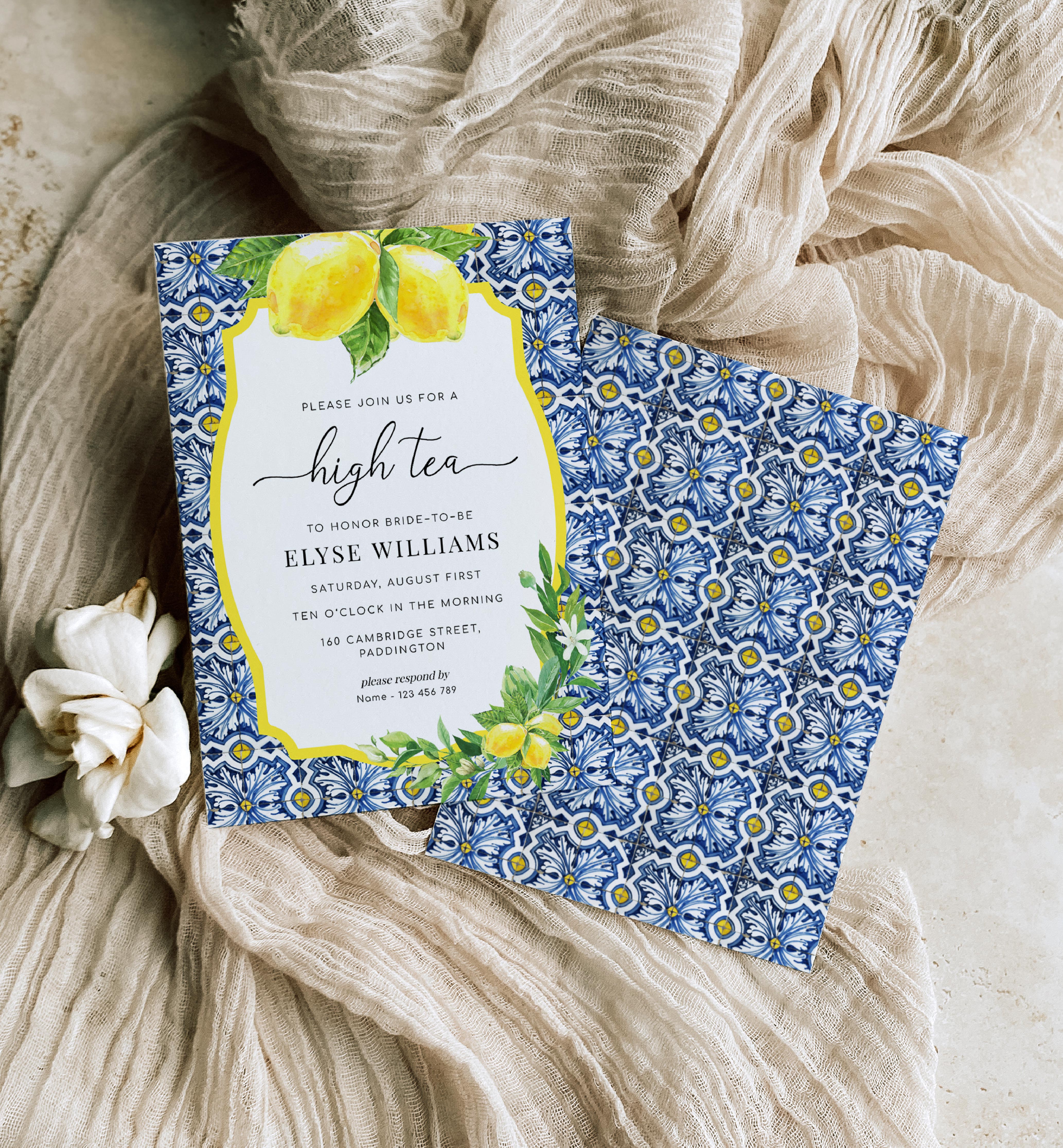 POS-BLY-1-B976 - POSITANO BLUE TILE - LEMONS - HIGH TEA INVITATION design preview