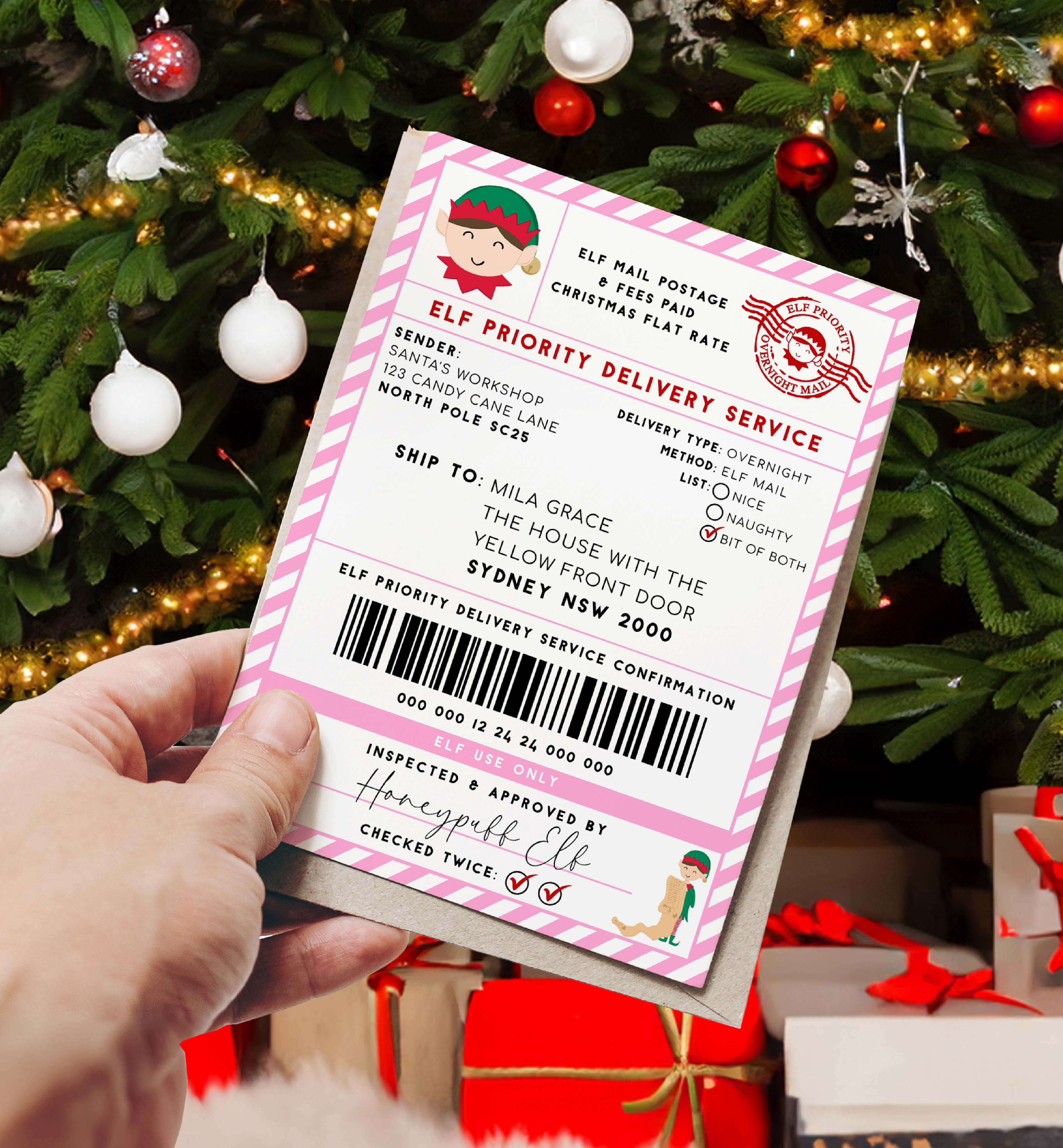 SAW-PNK-6-B2939 - SANTAS WORKSHOP - PINK - ELF SHIPPING LABEL design preview
