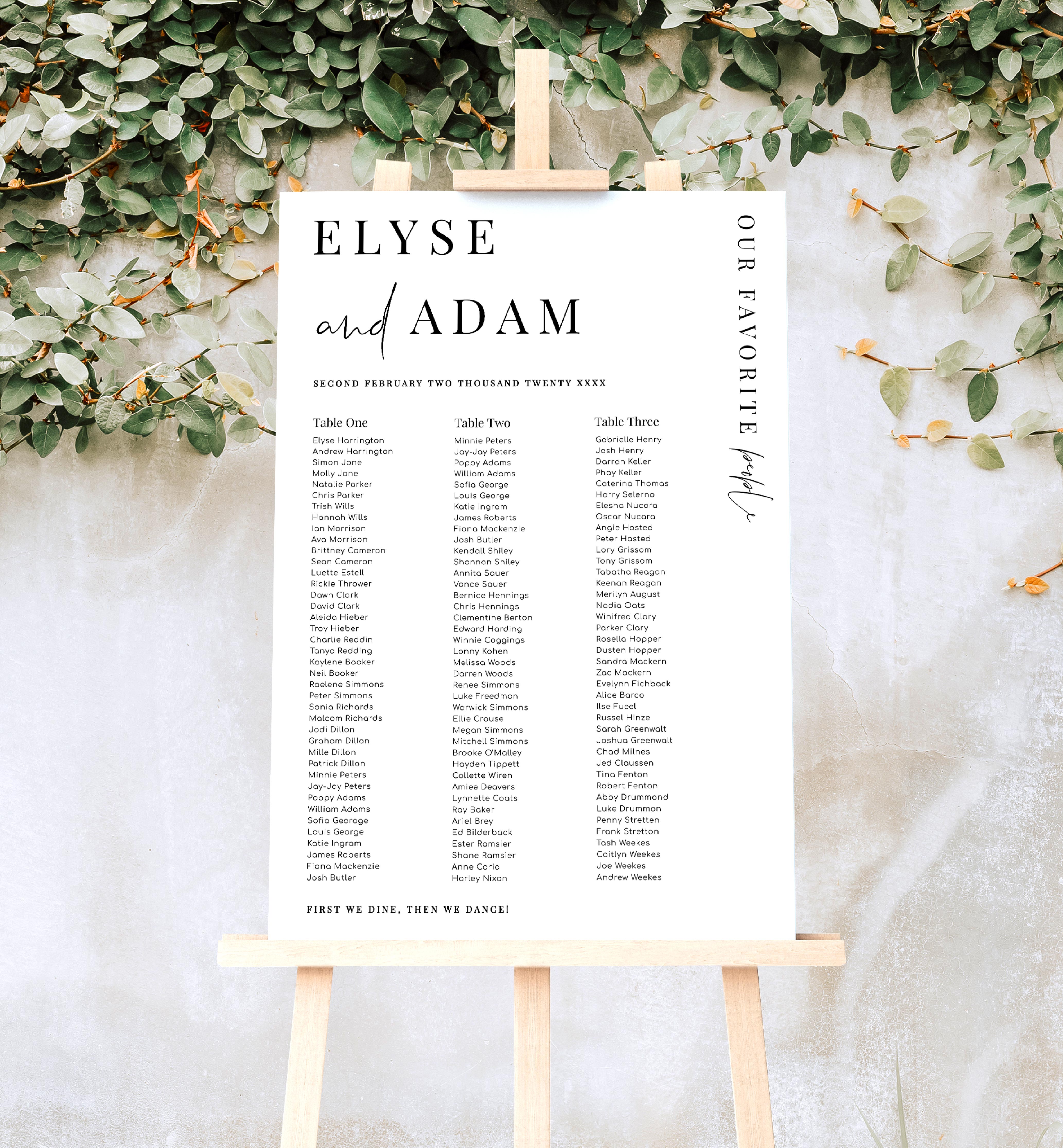 EST-WHT-4-B2356 - ESTELLE - WHITE - SEATING CHART - 3 BANQUET TABLES design preview