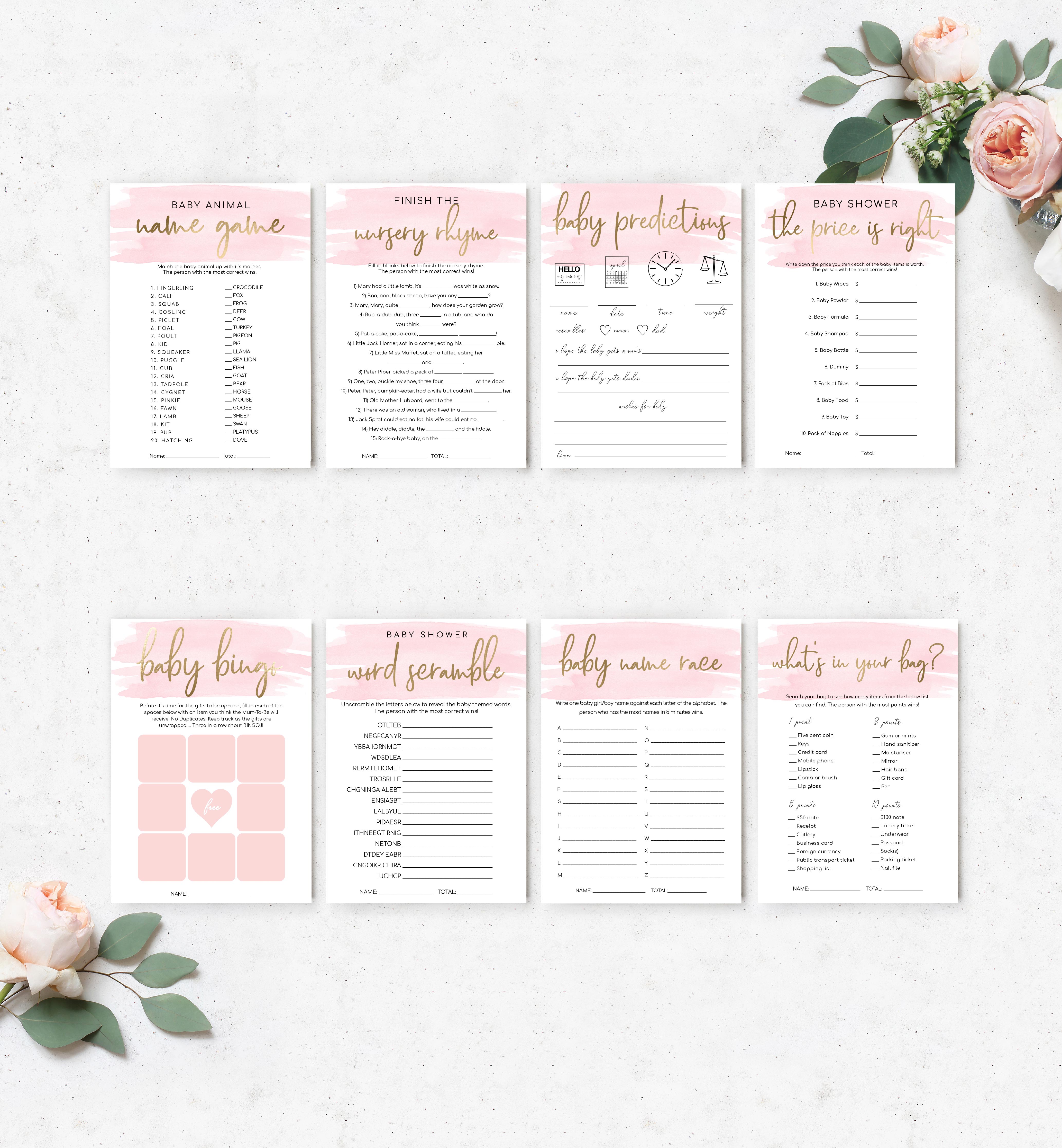 WAT-PNK-10-B598 - WATERCOLOUR PINK - GOLD - BABY SHOWER GAME BUNDLE design preview