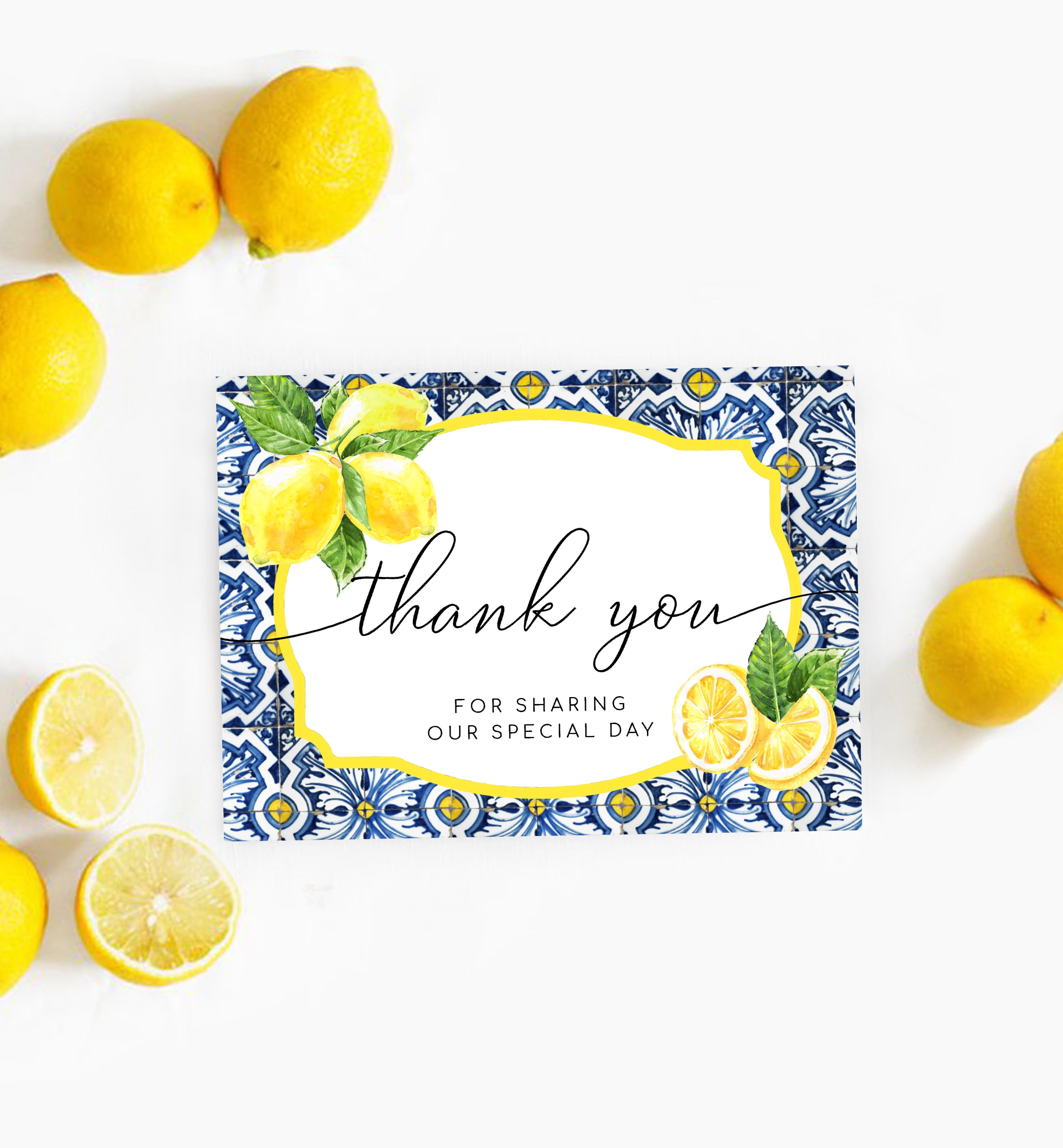 POS-BLY-8-B367 - POSITANO BLUE TILE - LEMONS - THANK YOU CARD design preview