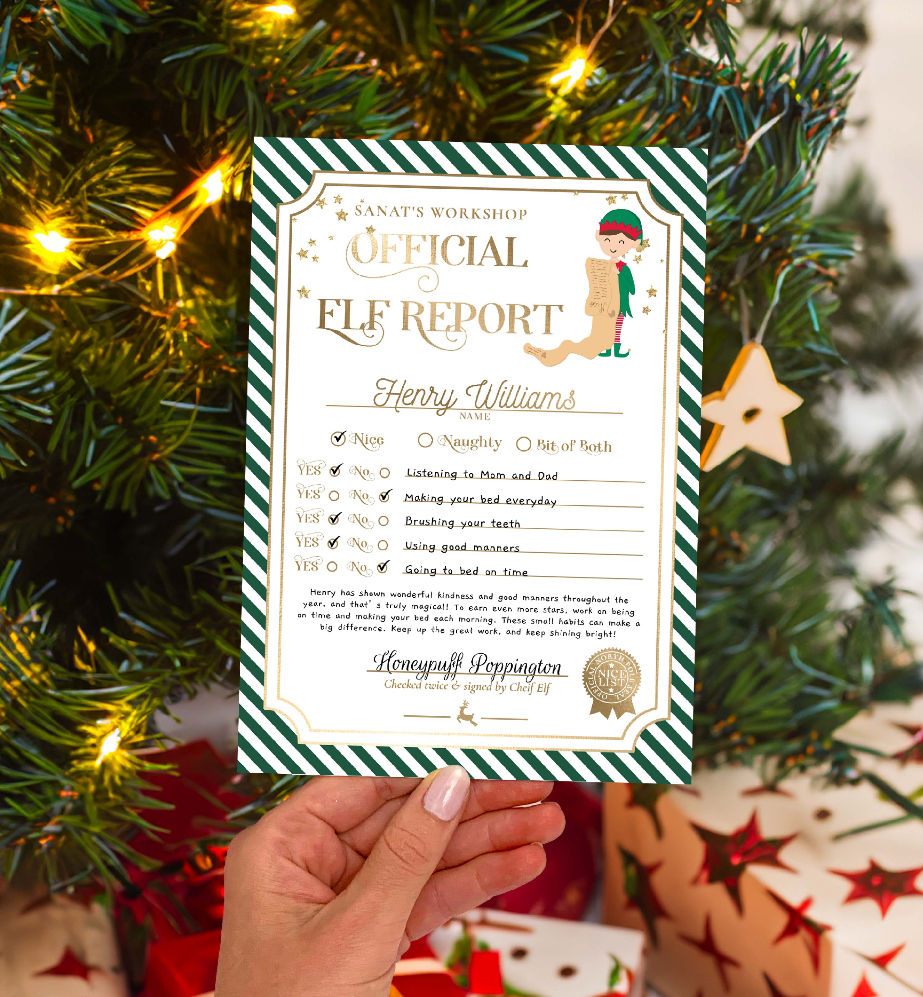STR-GRW-24-B3393 - STRIPE - GREEN WHITE - ELF REPORT CARD design preview