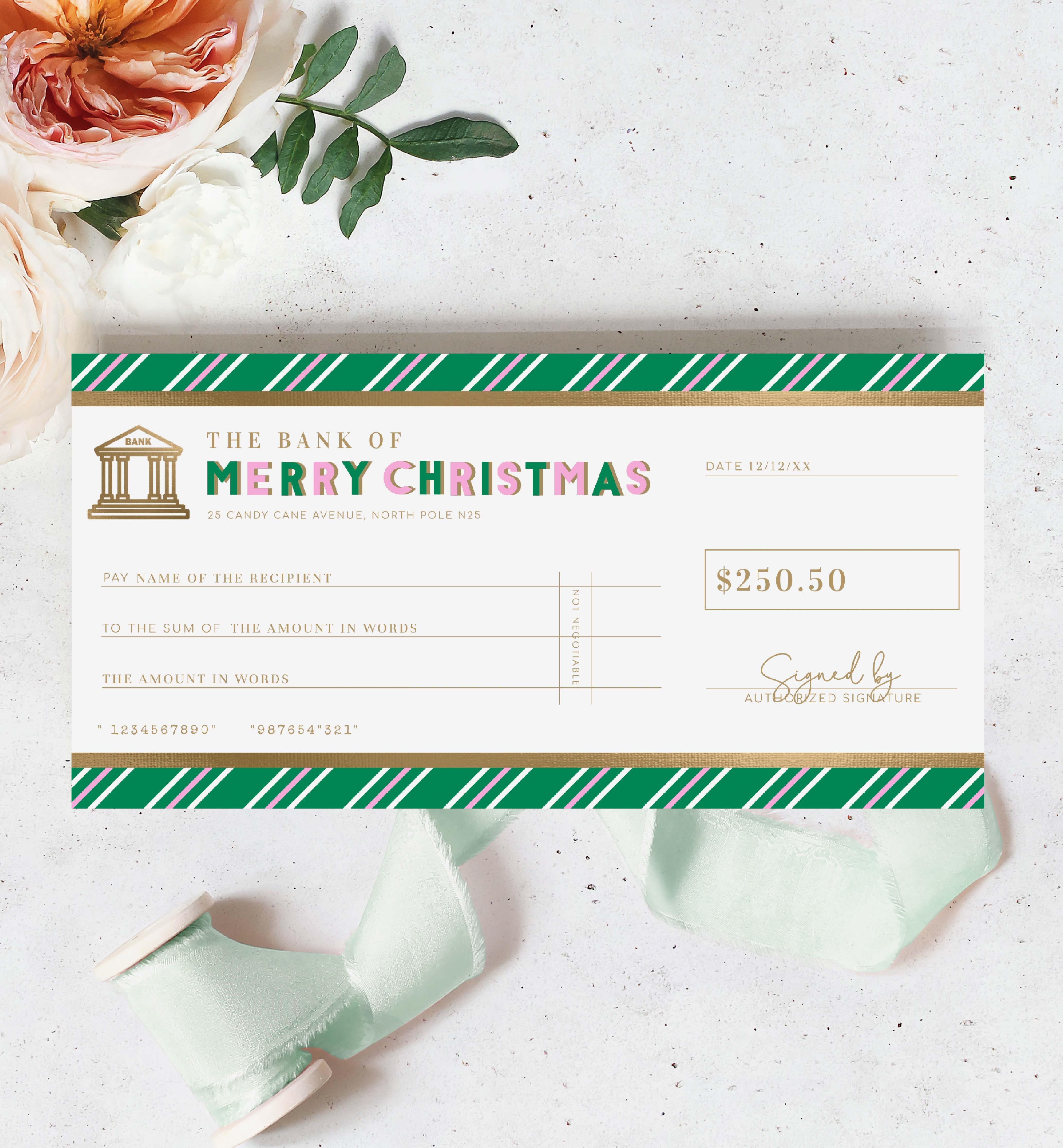 STR-GPK-14-B2850 - STRIPE - GREEN PINK - CHRISTMAS CHEQUE CERTIFICATE design preview
