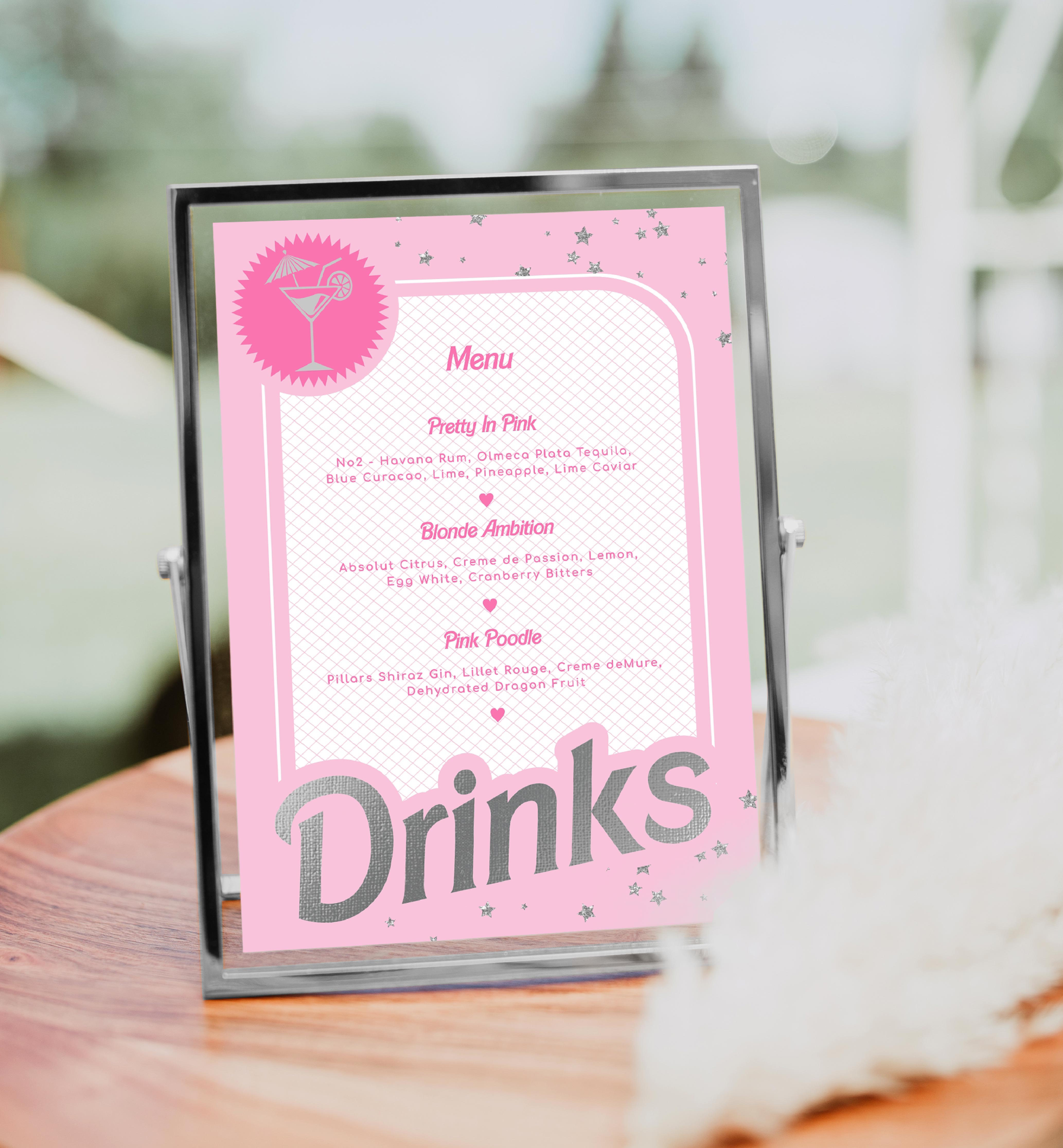 BAR-PNK-7-B2324 - BARBIE PARTY  - PINK SILVER - DRINKS MENU SIGN design preview