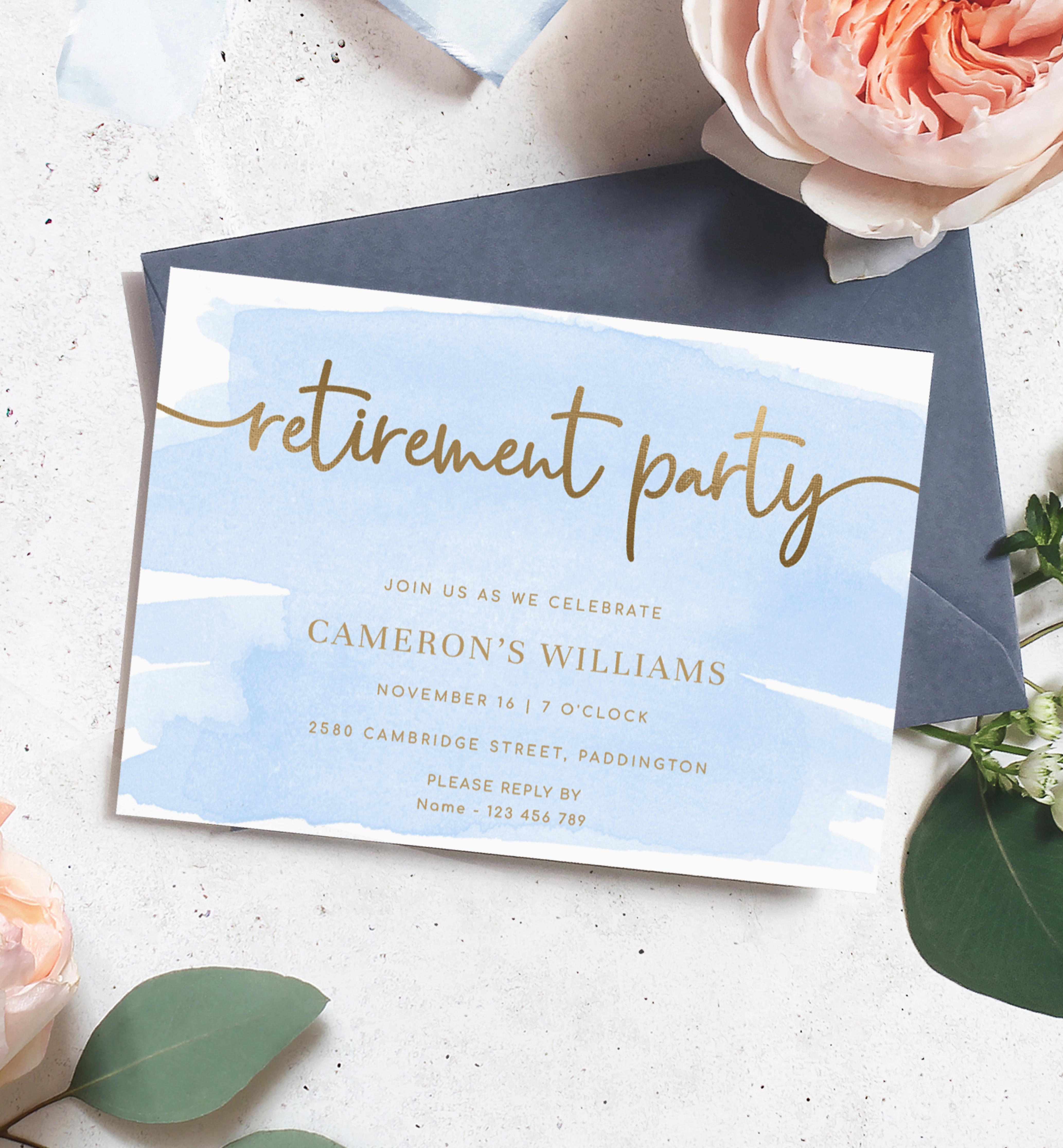 WAT-BLU-1-B2539 - WATERCOLOUR BLUE - GOLD - RETIREMENT PARTY INVITATION design preview