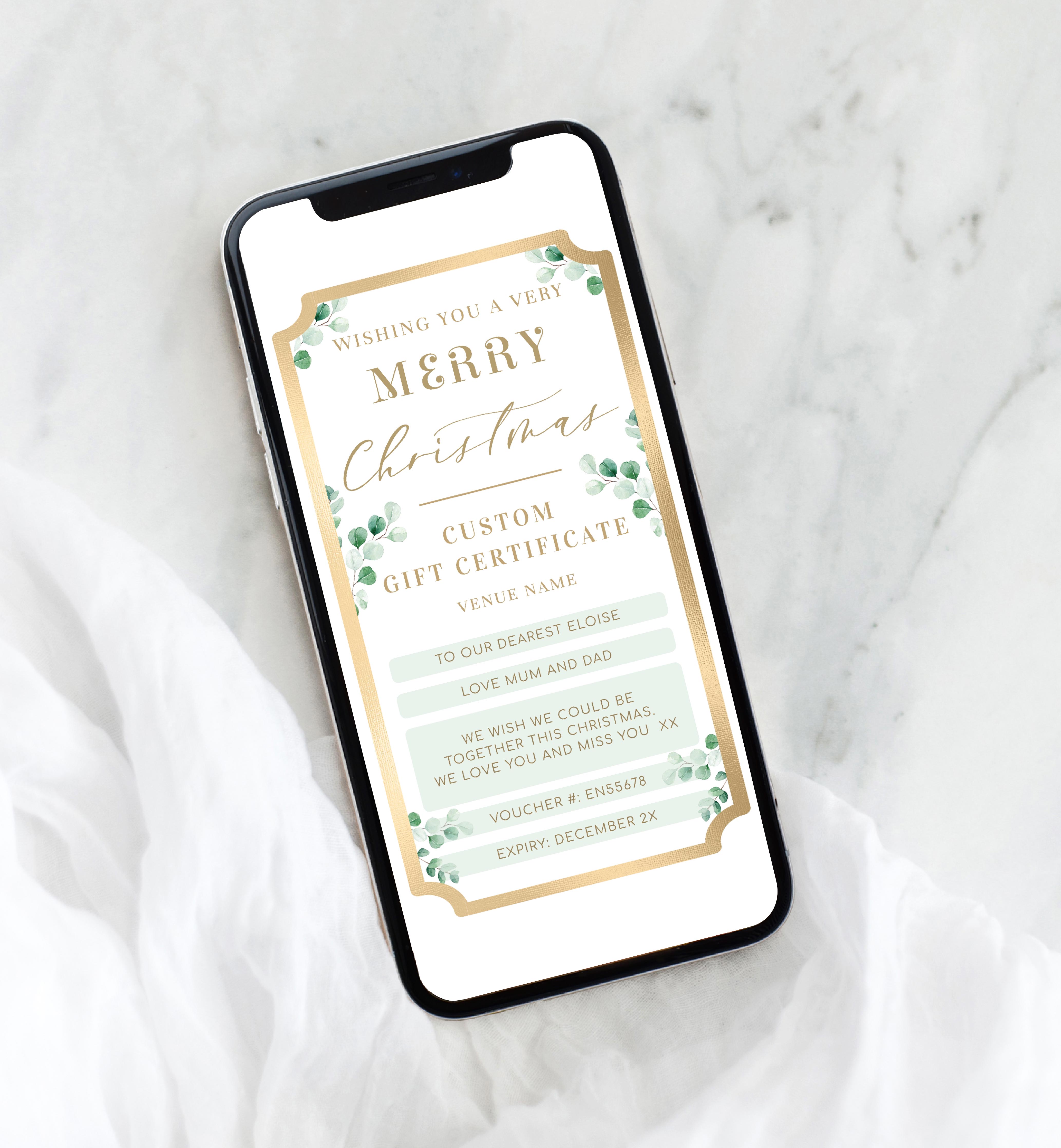 FER-GRE-14-B1804 - FERRAS BLOSSOM - GREENERY - CHRISTMAS SMARTPHONE GIFT CERTIFICATE design preview