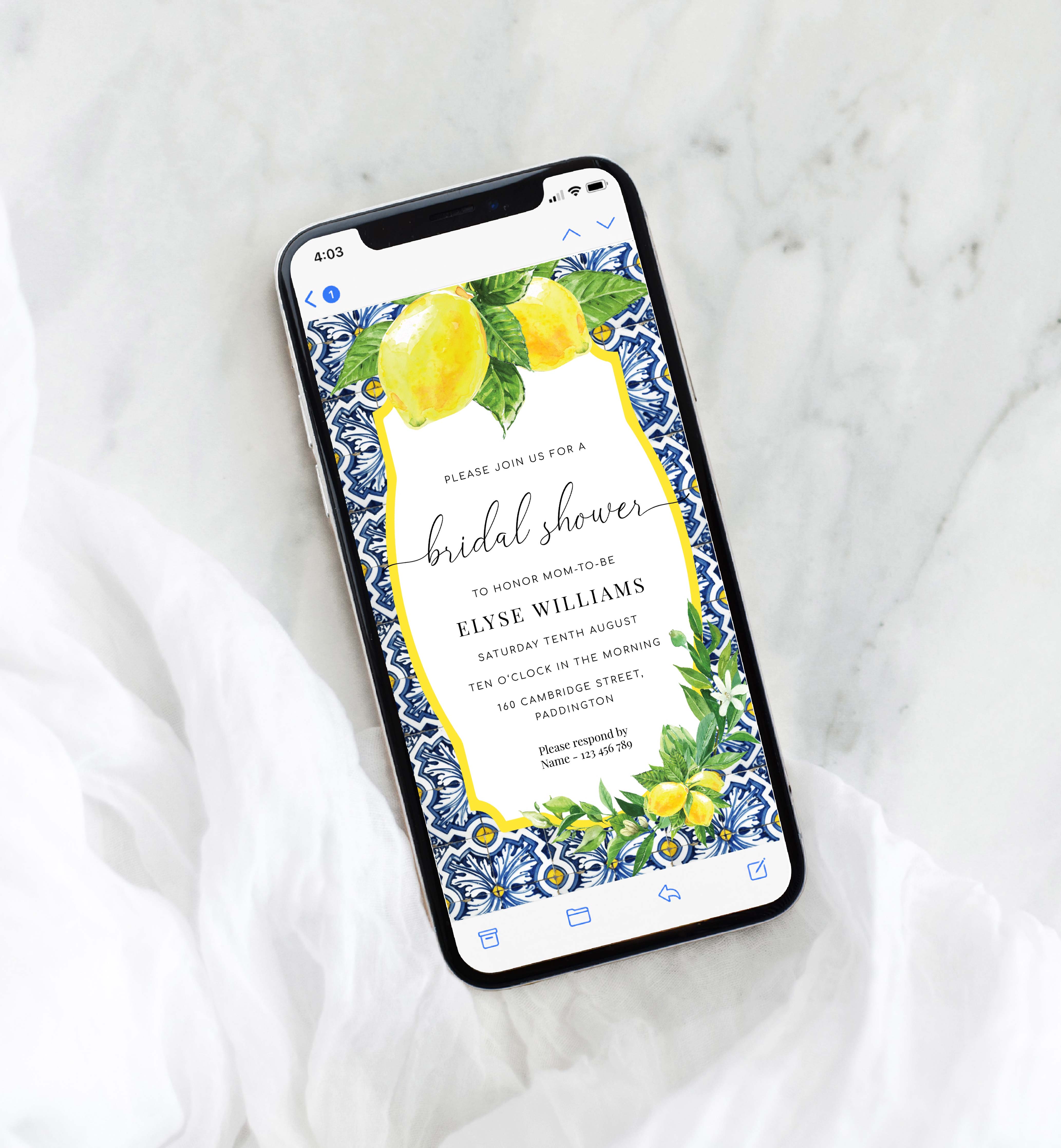POS-BLY-16-B2492 - POSITANO BLUE TILE - LEMONS - SMARTPHONE BRIDAL SHOWER INVITATION design preview