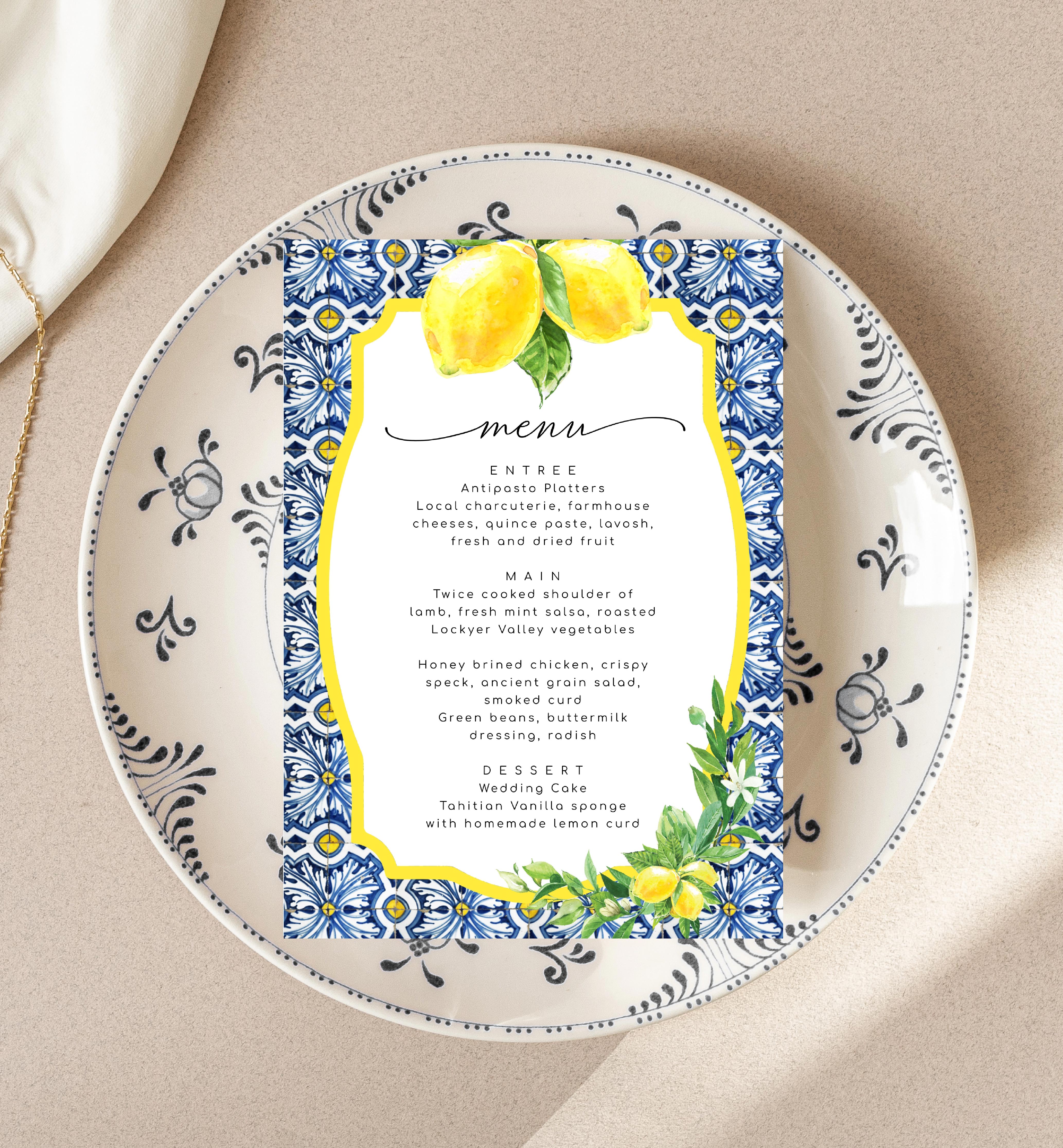 POS-BLY-12-B024 - POSITANO BLUE TILE - LEMONS - MENU design preview