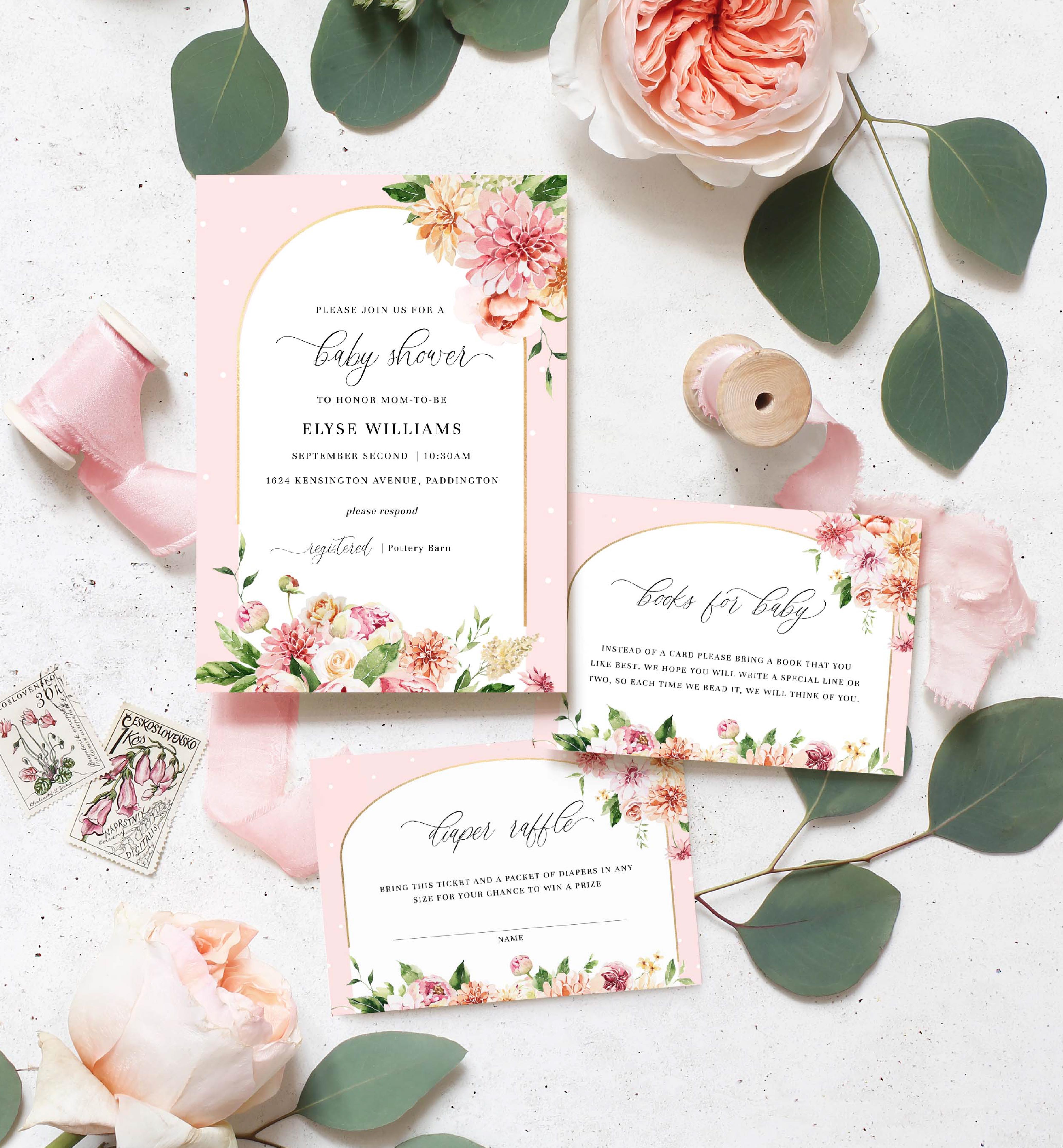 QIN-PNK-1-B1726 - QUINN FLORAL - PINK - BABY SHOWER INVITATION SUITE design preview