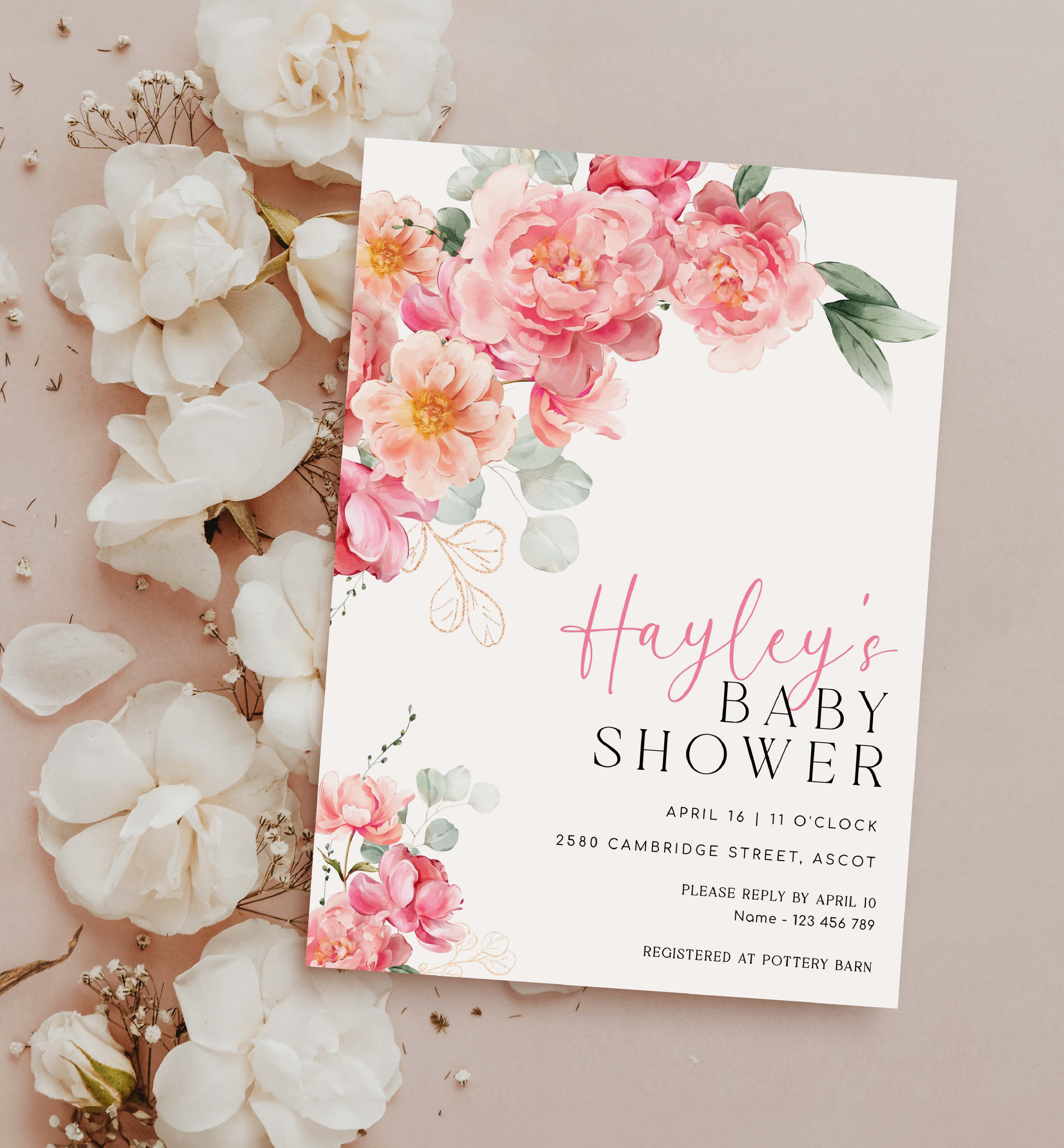 PIP-WHT-1-B3146 - PIPER - PINK - BABY SHOWER INVITATION design preview