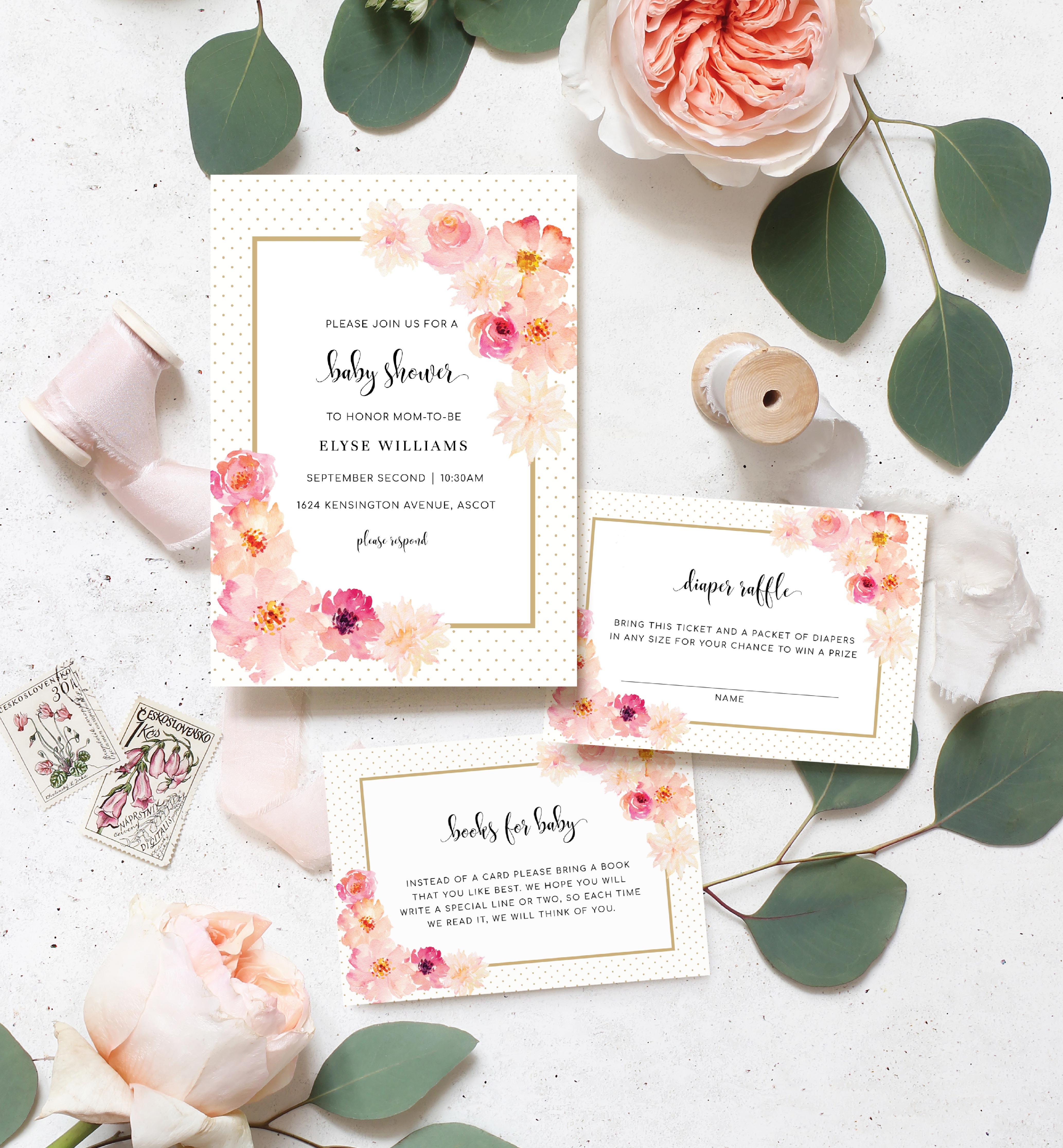 ABV-WHT-1-B1350 - ABBIEVILLE FLORAL - WHITE - BABY SHOWER INVITATION SUITE design preview