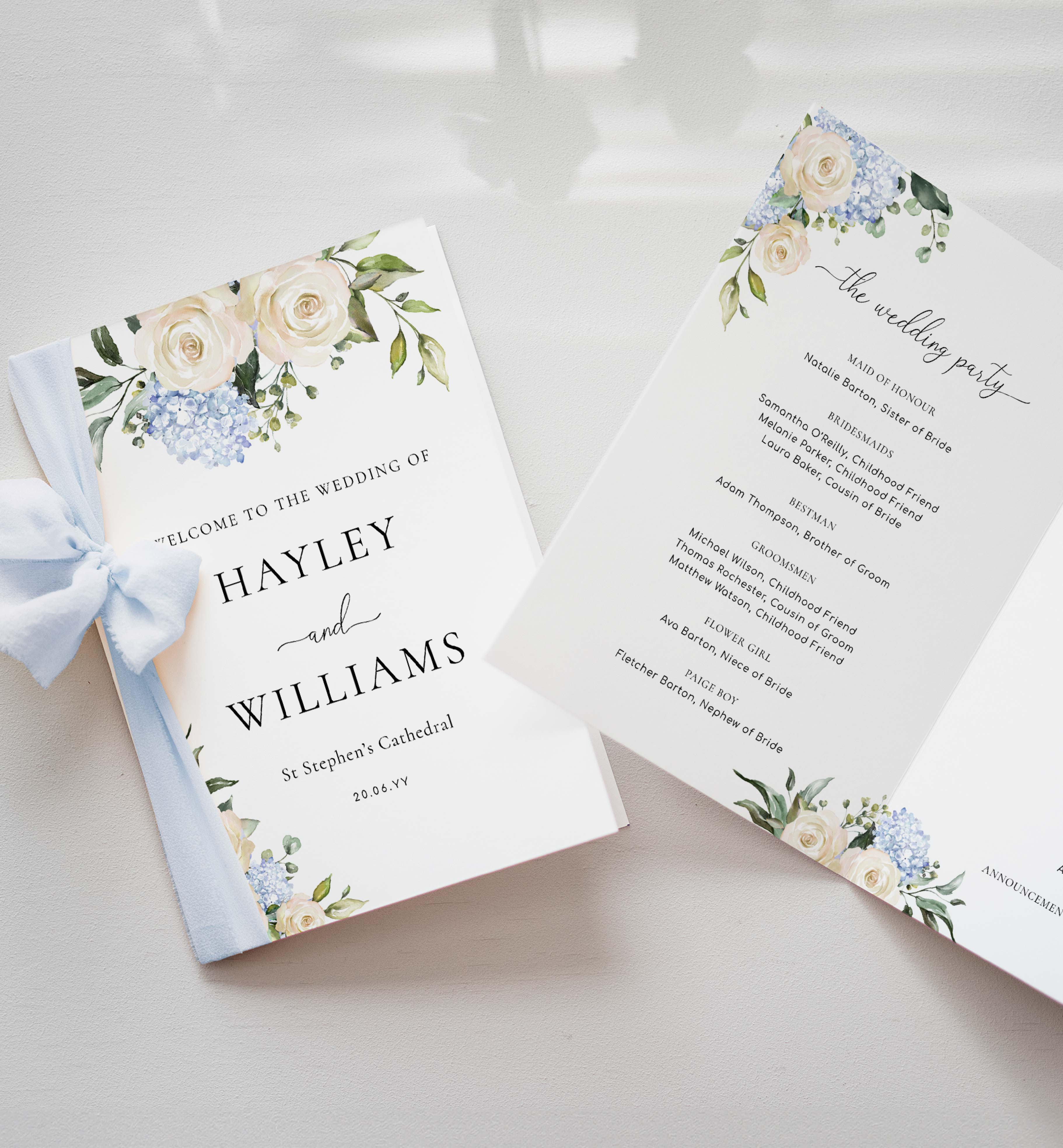 DAR-WHT-11-B143 - DARCY FLORAL- WHITE - SINGLE FOLD WEDDING PROGRAM design preview