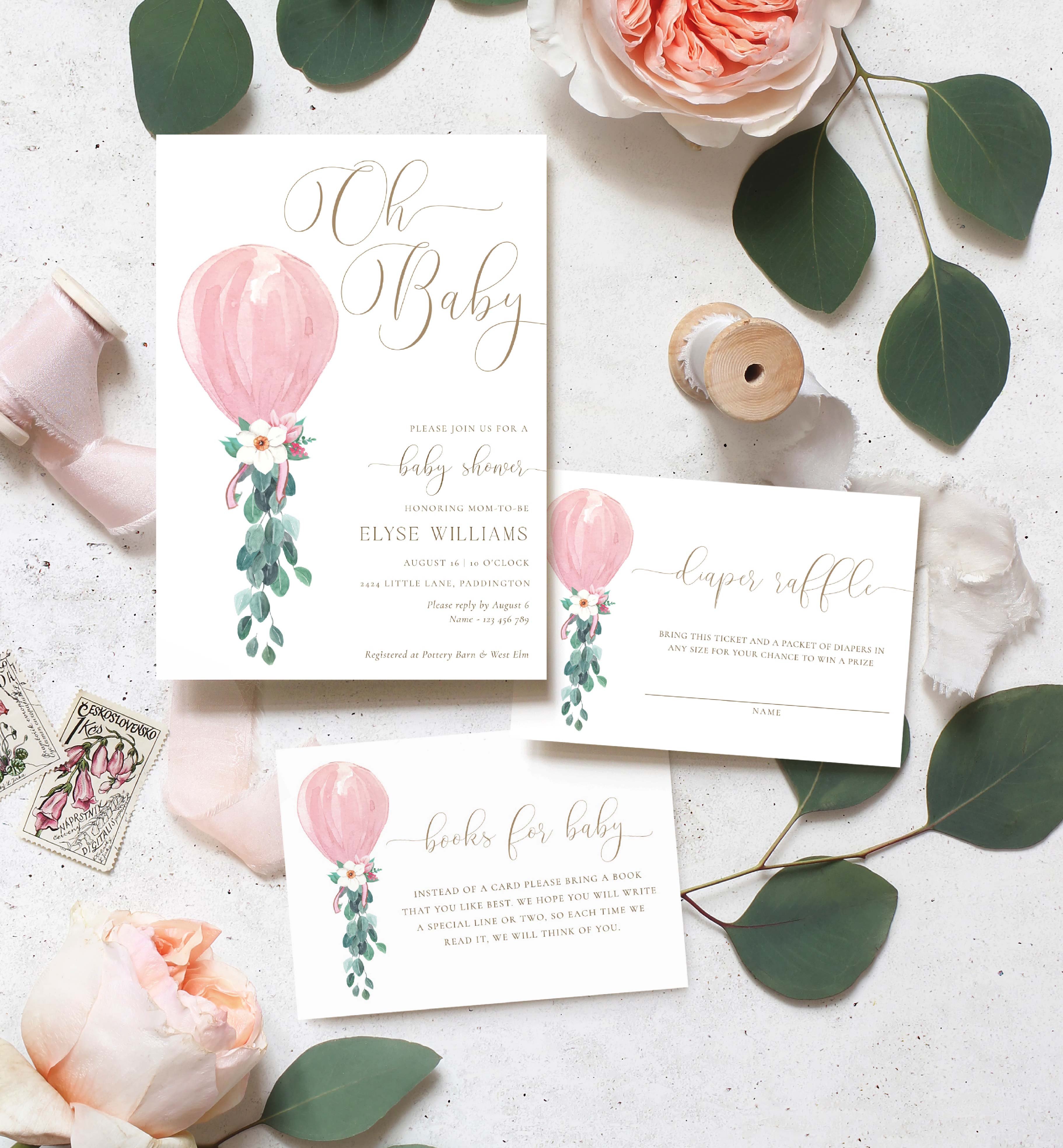 DAF-PNK-1-B3138 - DARLINGTON FLORAL - PINK - OH BABY SHOWER INVITATION SUITE design preview