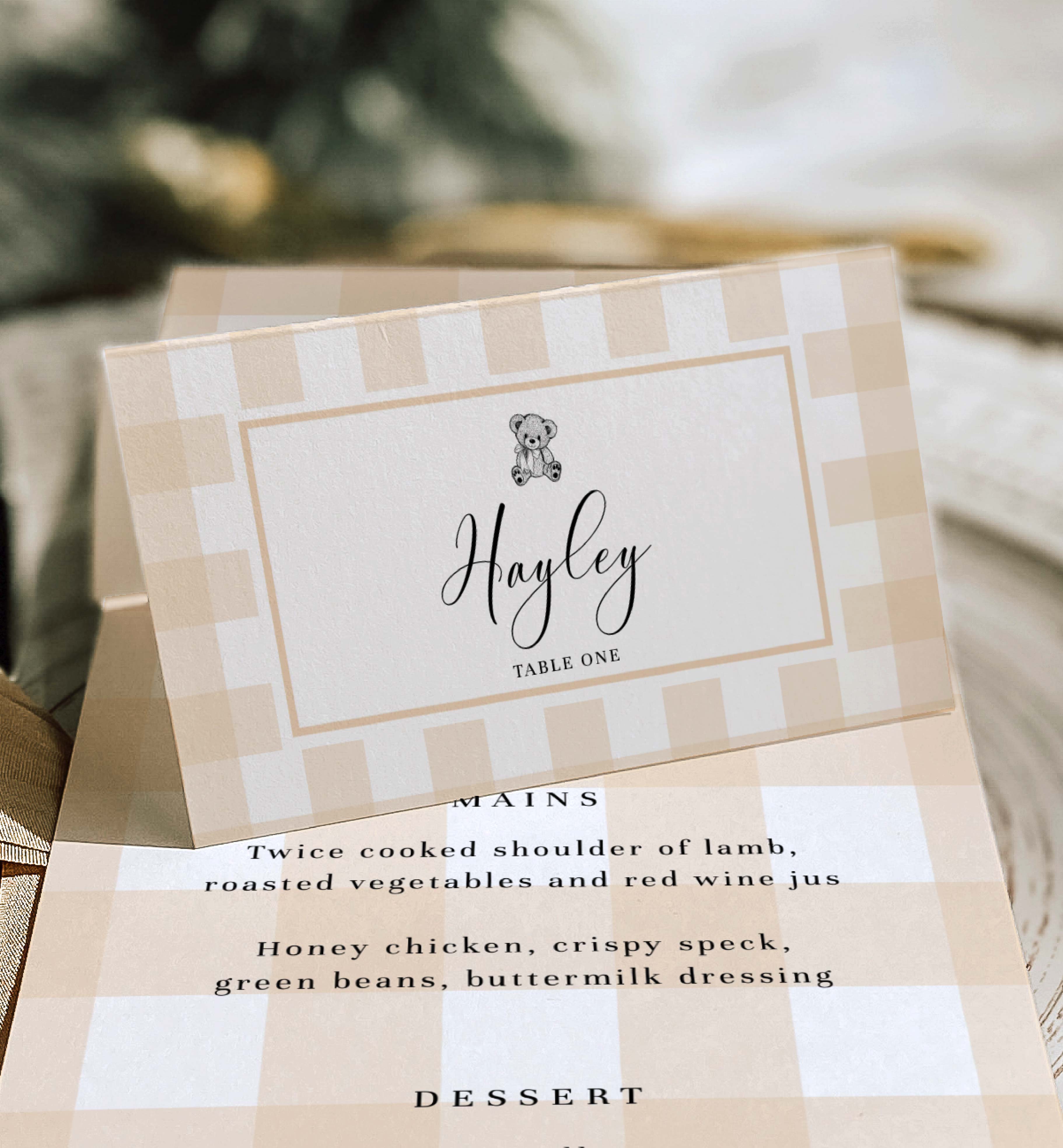 GIN-TAN-5-B3301 - GINGHAM - TAN TEDDY - PLACE CARDS design preview