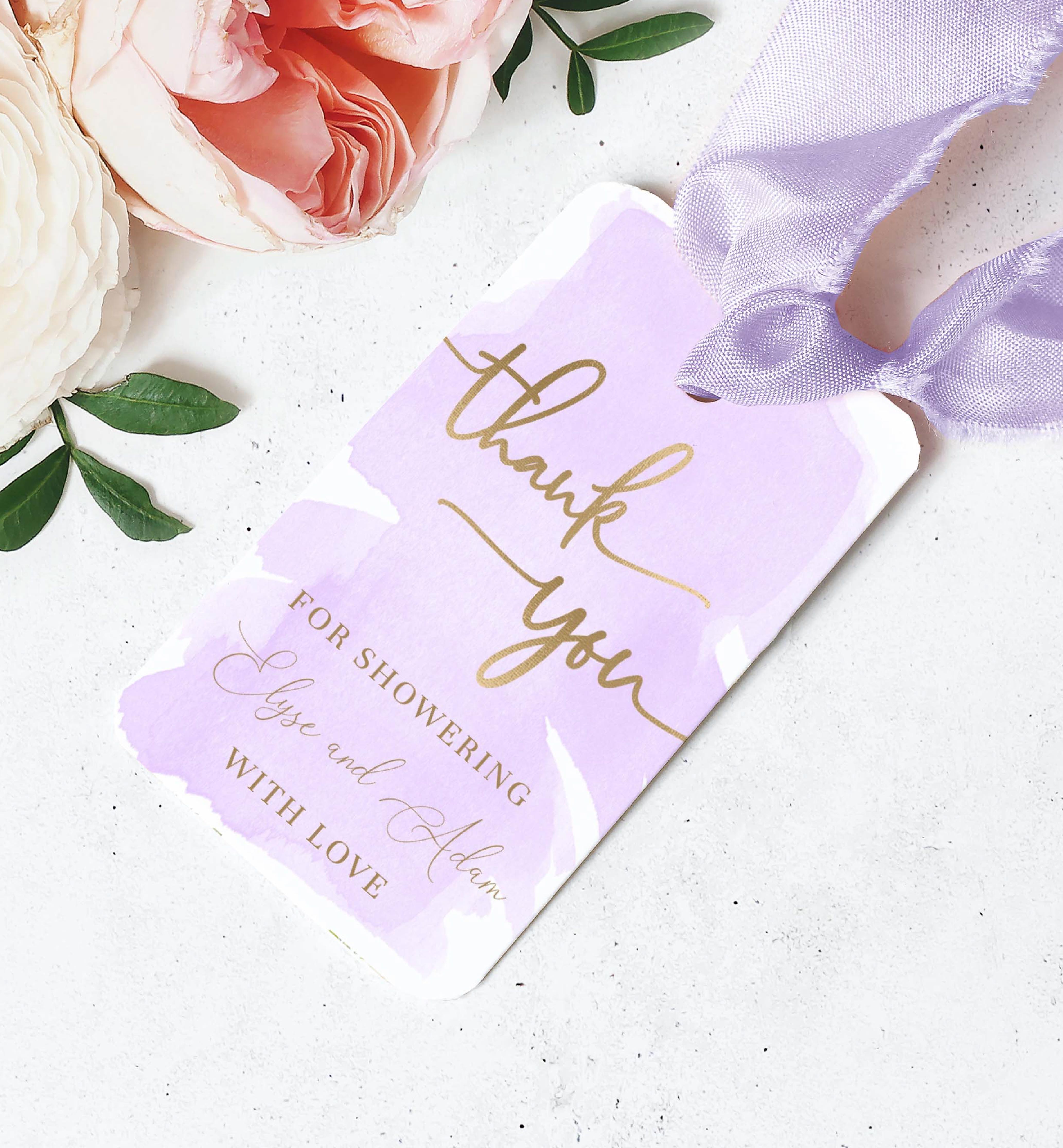 WAT-PUR-6-B329 - WATERCOLOUR PURPLE - GOLD FOIL - THANK YOU FAVOUR TAGS design preview